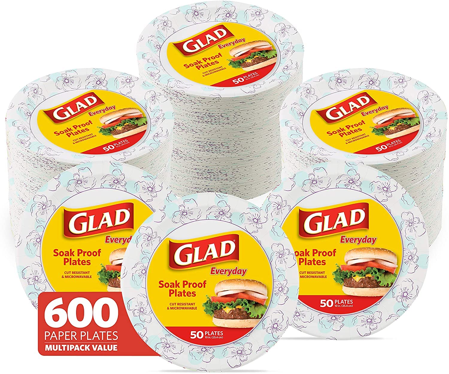 Glad Round Disposable Paper Plates 10 in, Blue Flower|Soak Proof, Cut Proof, Microwave Safe Heavy Duty Paper Plates For Parties|50 Count Bulk Paper Plates 10 Inch