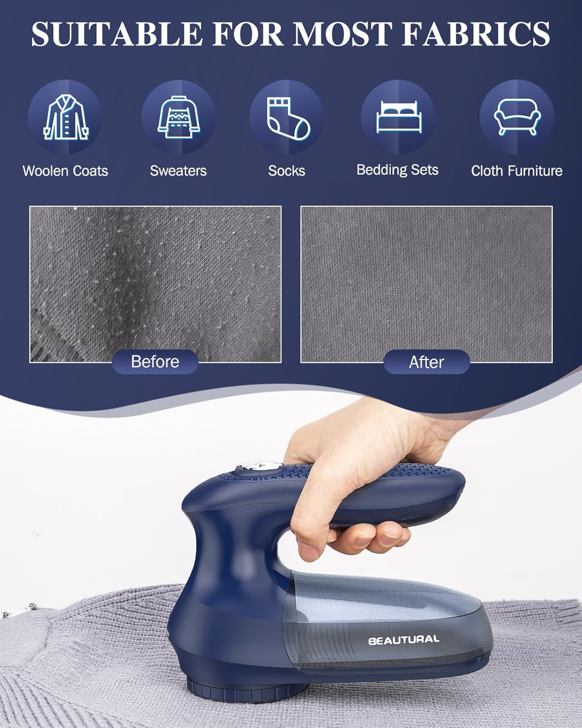 BEAUTURAL Fabric Shaver and Lint Remover, Sweater Defuzzer with 2-Speeds, 2 Replaceable Stainless Steel Blades, Battery Operated, Remove Clothes Fuzz, Lint Balls, Pills, Bobbles