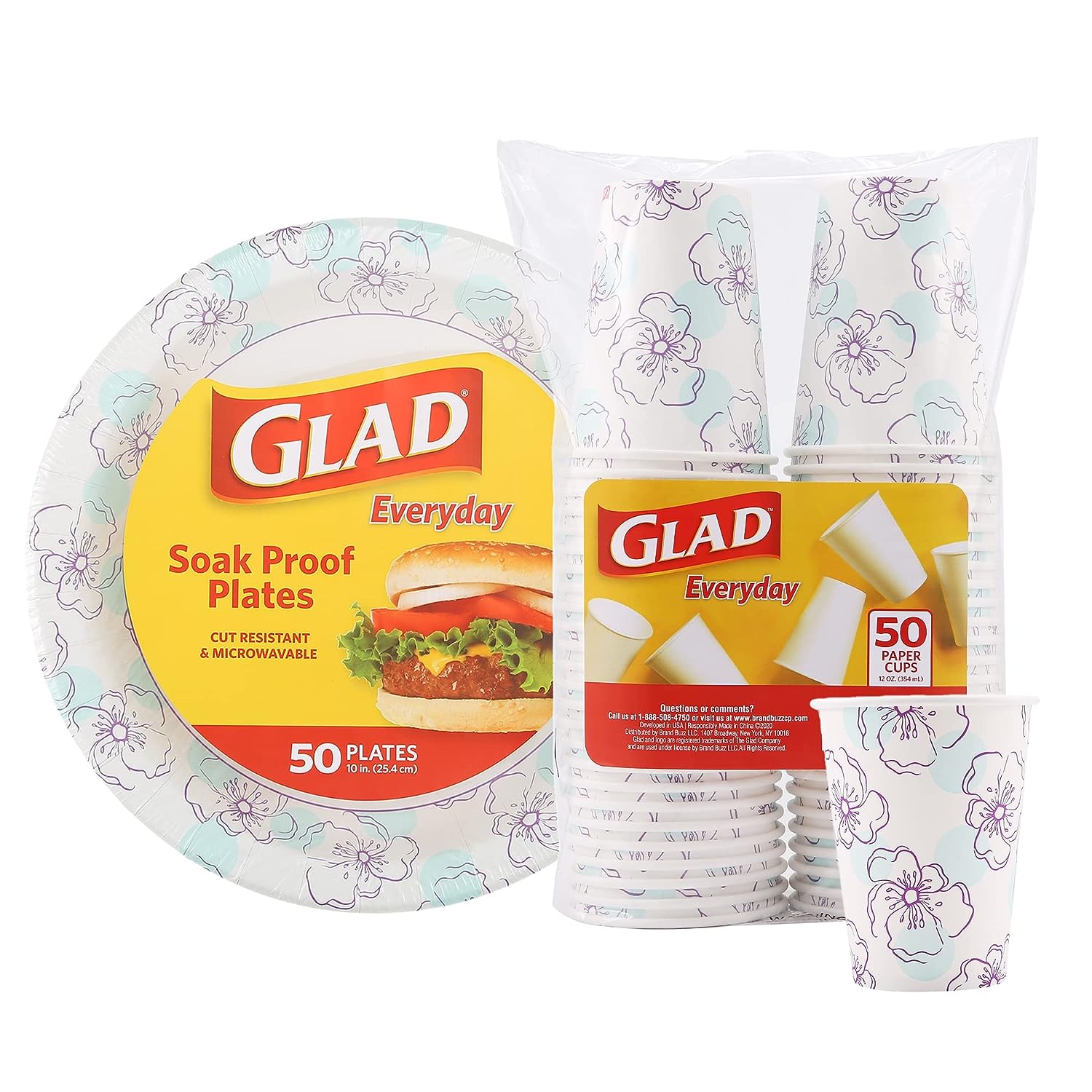 Glad Round Disposable Paper Plates 10 in, Blue Flower|Soak Proof, Cut Proof, Microwave Safe Heavy Duty Paper Plates For Parties|50 Count Bulk Paper Plates 10 Inch