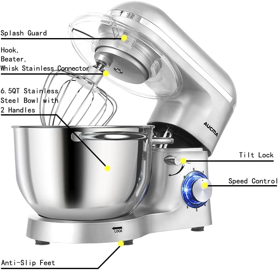 Aucma Stand Mixer,6.5-QT 660W 6-Speed Tilt-Head Food Mixer, Kitchen Electric Mixer with Dough Hook, Wire Whip & Beater (6.5QT, Black)