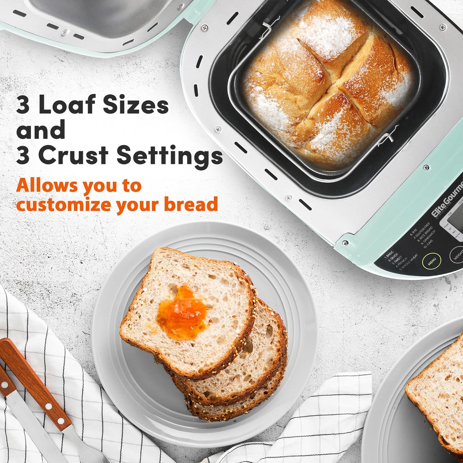 Elite Gourmet EBM8103B Programmable Bread Maker Machine 3 Loaf Sizes, 19 Menu Functions Gluten Free White Wheat Rye French and more, 2 Lbs, Black