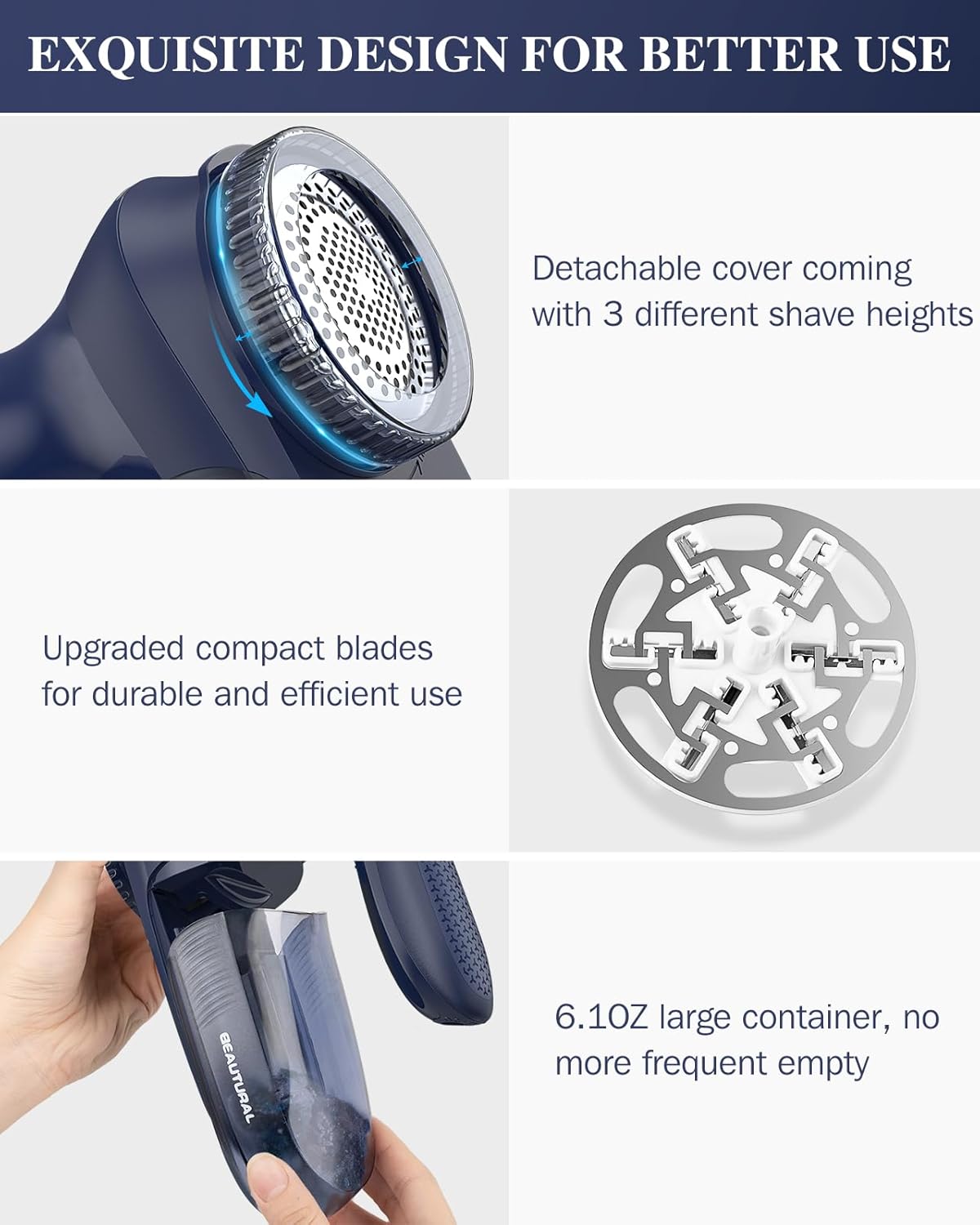 BEAUTURAL Fabric Shaver and Lint Remover, Sweater Defuzzer with 2-Speeds, 2 Replaceable Stainless Steel Blades, Battery Operated, Remove Clothes Fuzz, Lint Balls, Pills, Bobbles