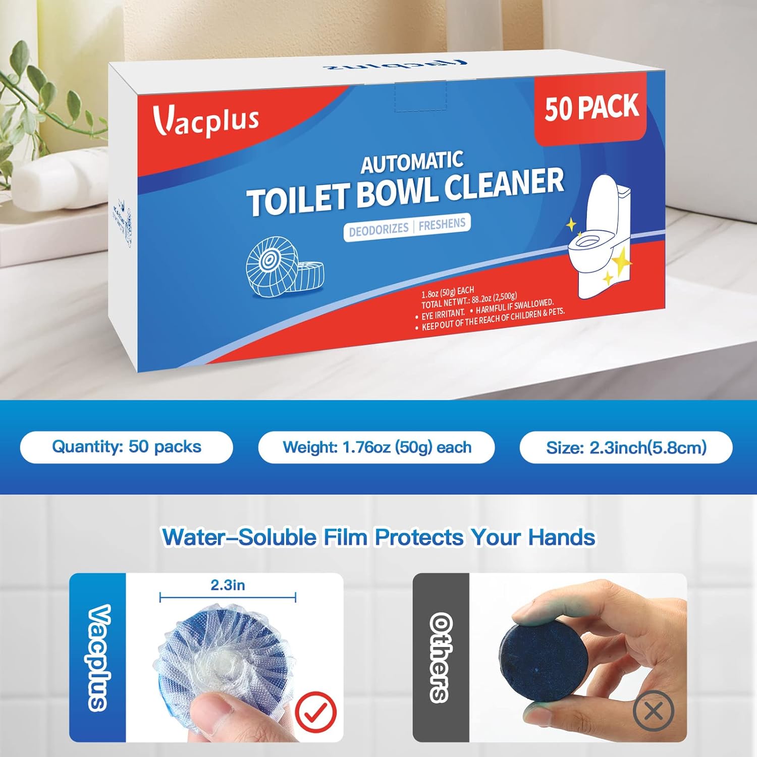 Vacplus Automatic Toilet Bowl Cleaner Tablets, Bathroom Toilet Tank Cleaner (12 PACK), VA-T165