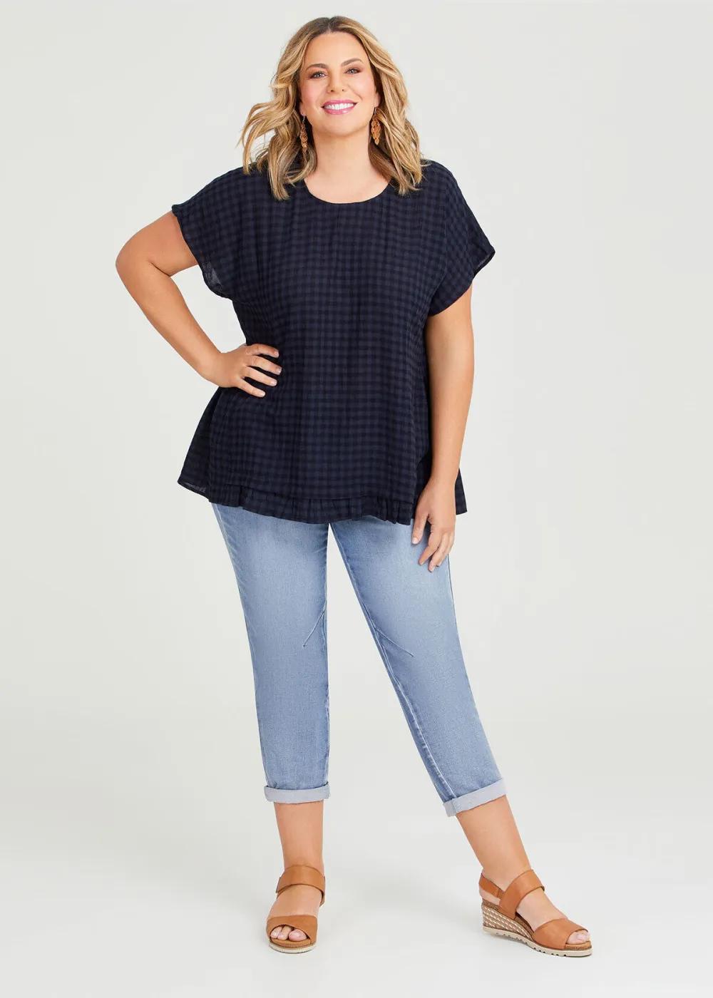 Cotton Blend Gingham Frill Top