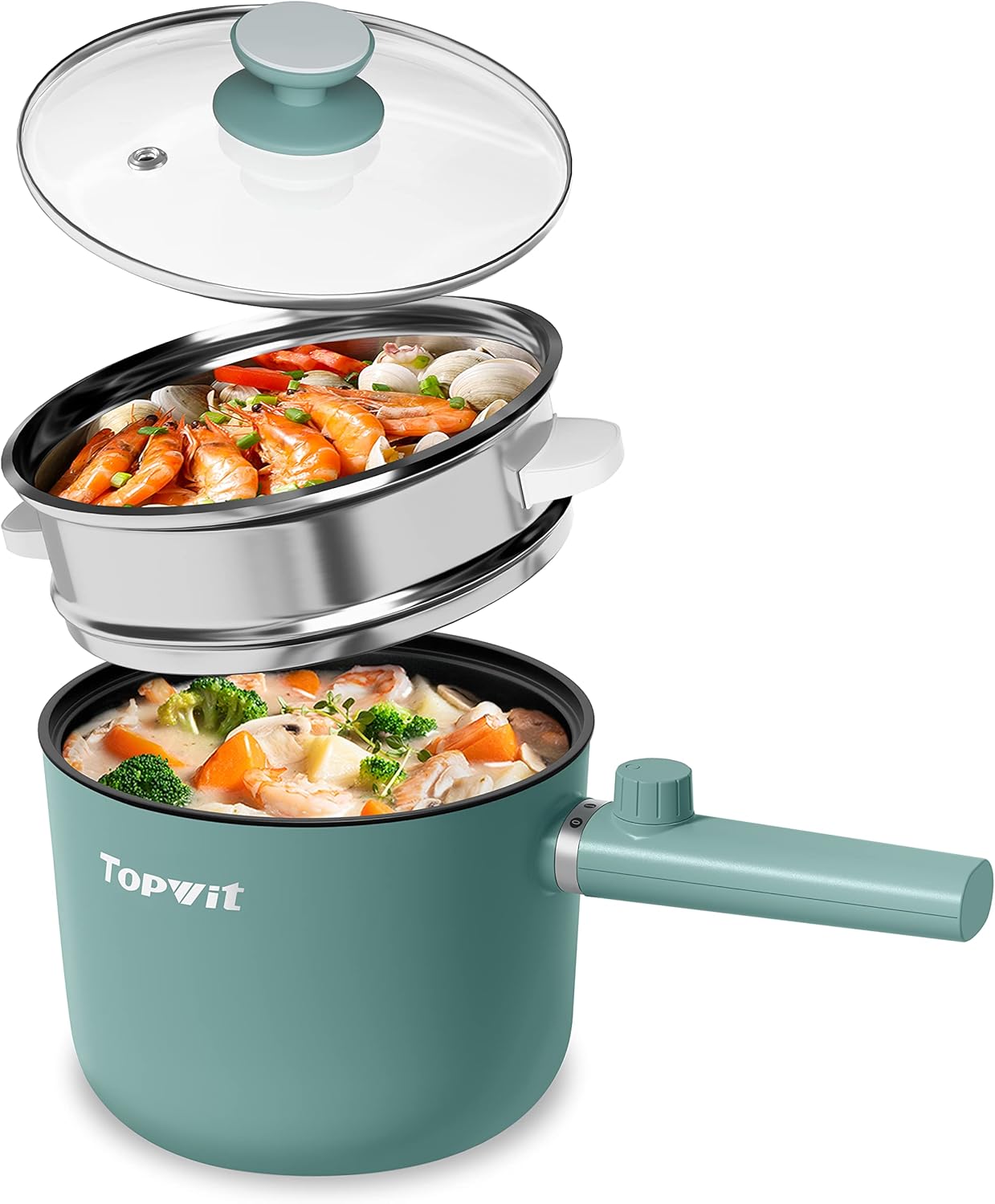 Topwit Hot Pot Electric, 1.5L Ramen Cooker, Portable Non-Stick Frying Pan, Electric Pot for Pasta, Steak, BPA Free, Electric Cooker with Dual Power Control, Over-Heating & Boil Dry Protection, Black