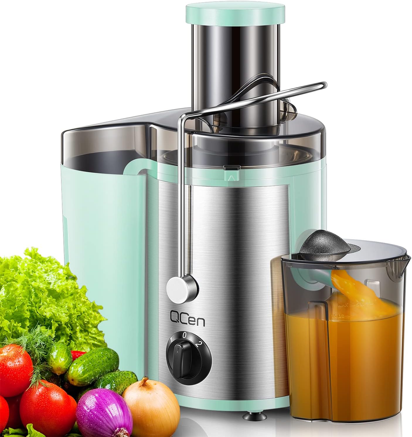 Qcen Juicer Machine, 800W Centrifugal Juicer Extractor with Wide Mouth 3” Feed Chute for Fruit Vegetable, Easy to Clean, Stainless Steel, BPA-free (Black)