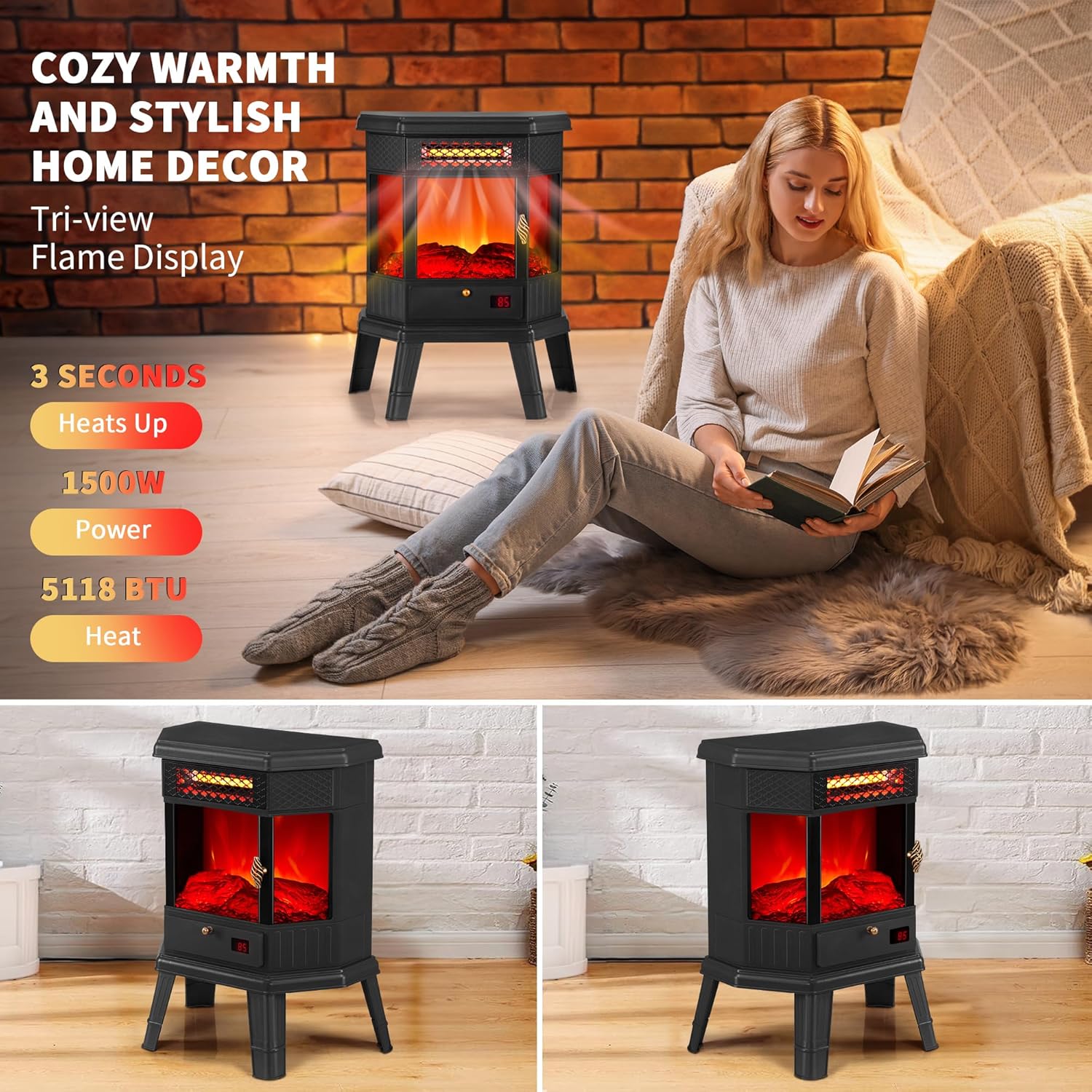 RealSmart Electric Fireplace Heater 22 in Freestanding Fireplace Stove Infrared Fireplace with 3D Flame Effect Remoted Control, Timer, Overheating Protection (Gray)