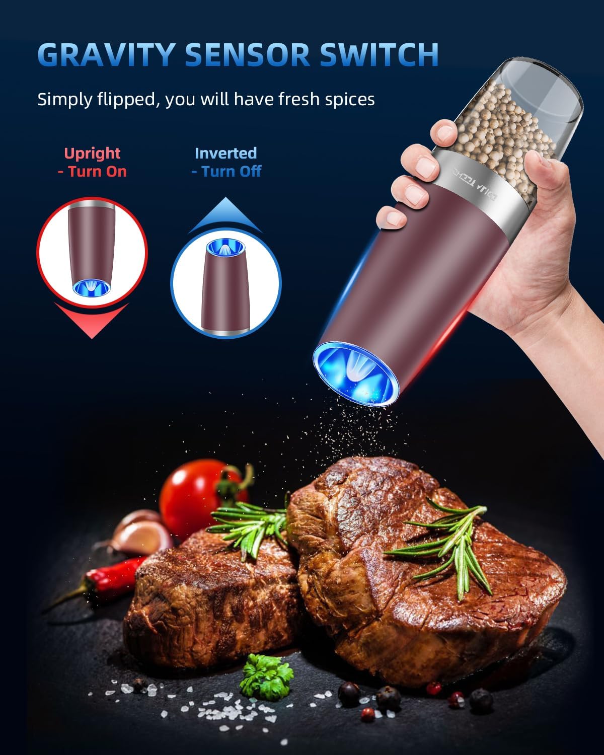 Sweet Alice Gravity Electric Pepper and Salt Grinder Set, Adjustable Coarseness, Battery Powered with LED Light, One Hand Automatic Operation, Stainless Steel Black, 2 Pack