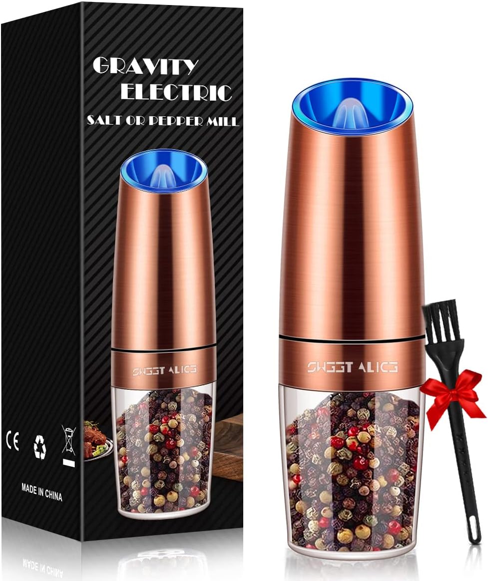 Sweet Alice Gravity Electric Pepper and Salt Grinder Set, Adjustable Coarseness, Battery Powered with LED Light, One Hand Automatic Operation, Stainless Steel Black, 2 Pack