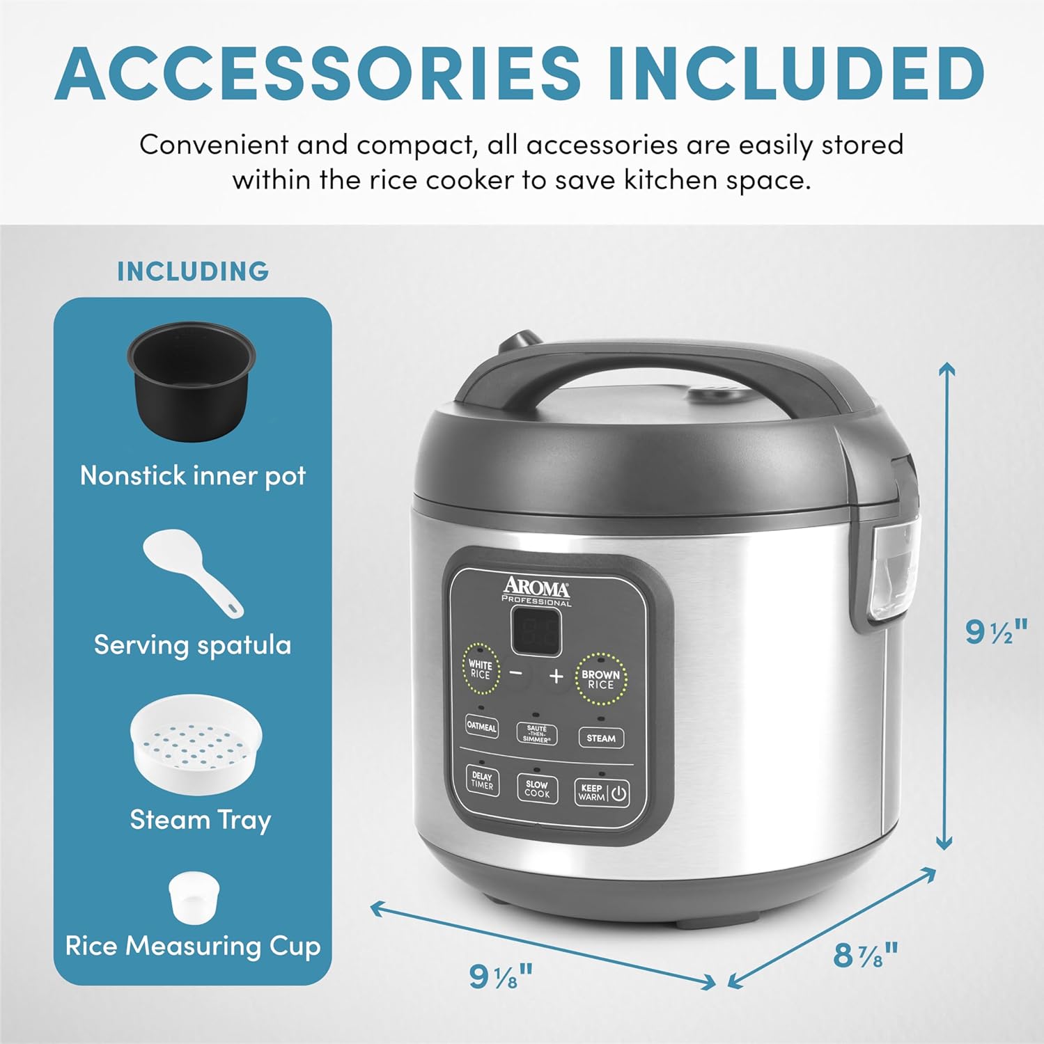 AROMA Digital Rice Cooker, 4-Cup (Uncooked) / 8-Cup (Cooked), Steamer, Grain Cooker, Multicooker, 2 Qt, Stainless Steel Exterior, ARC-914SBD