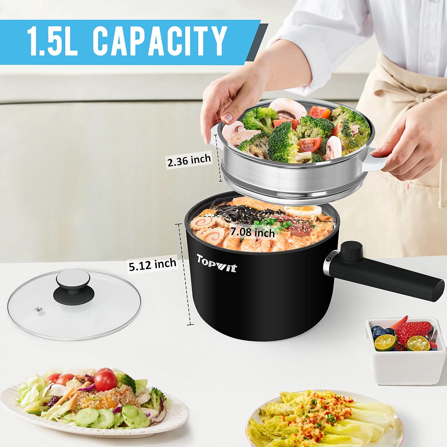Topwit Hot Pot Electric, 1.5L Ramen Cooker, Portable Non-Stick Frying Pan, Electric Pot for Pasta, Steak, BPA Free, Electric Cooker with Dual Power Control, Over-Heating & Boil Dry Protection, Black