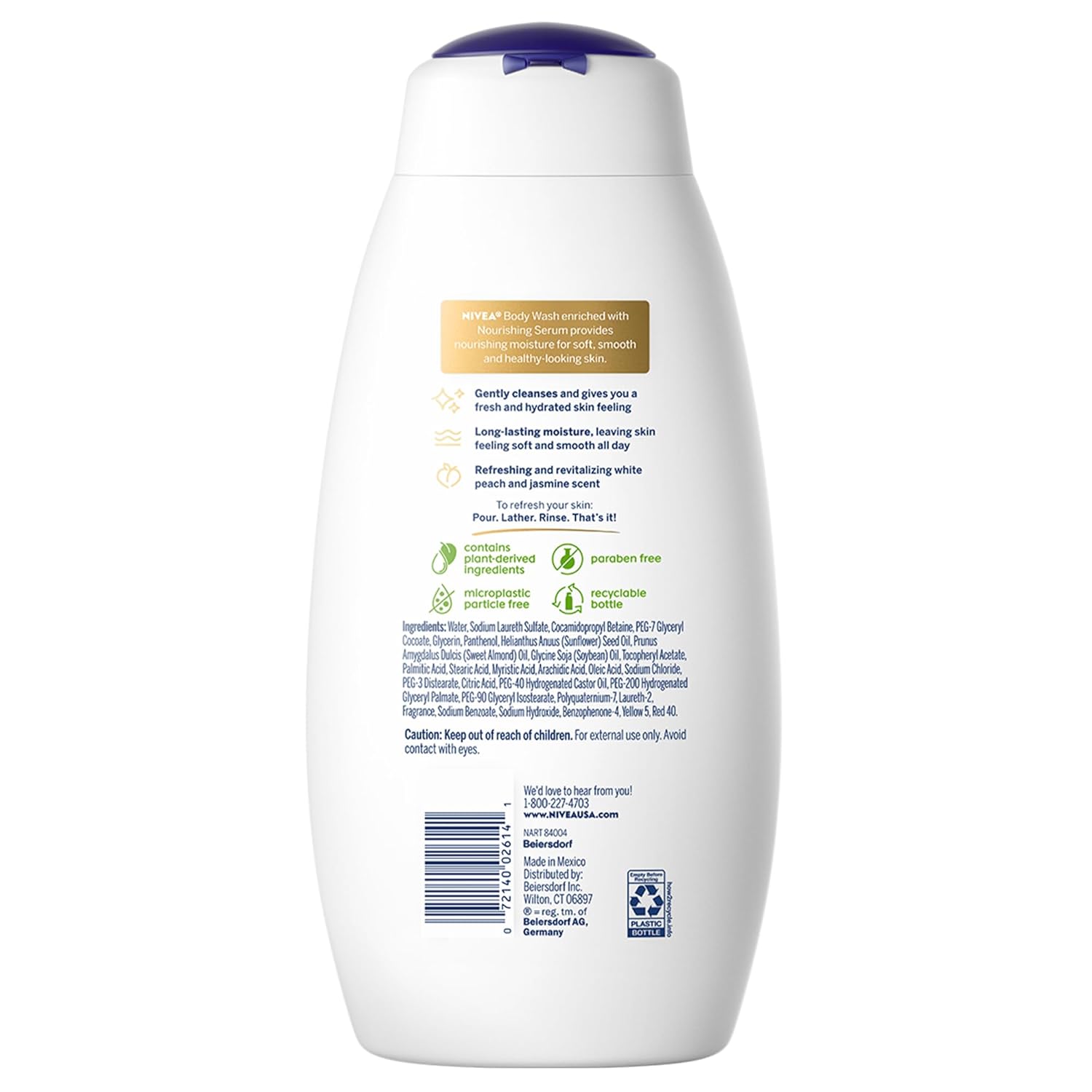 NIVEA Refreshing White Peach and Jasmine Body Wash, Scented Body Wash with Nourishing Serum, Plant-Derived Oils, Essential Skin Lipids and Vitamins, 20 Fl Oz Bottle
