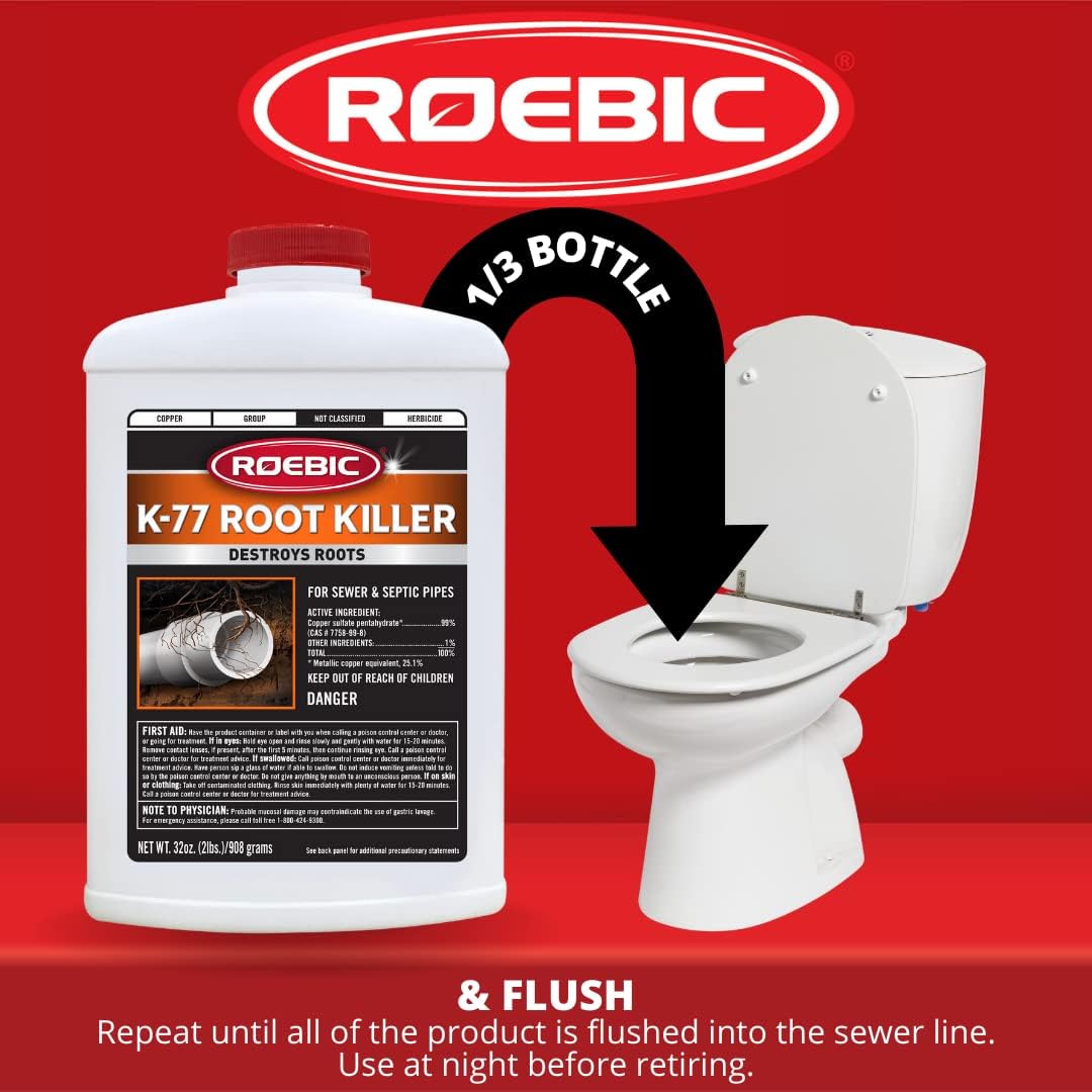 Roebic K-77 Root Killer: Clears Pipes, Stops New Growth, Works for Sewer and Septic Systems - 32 Ounce