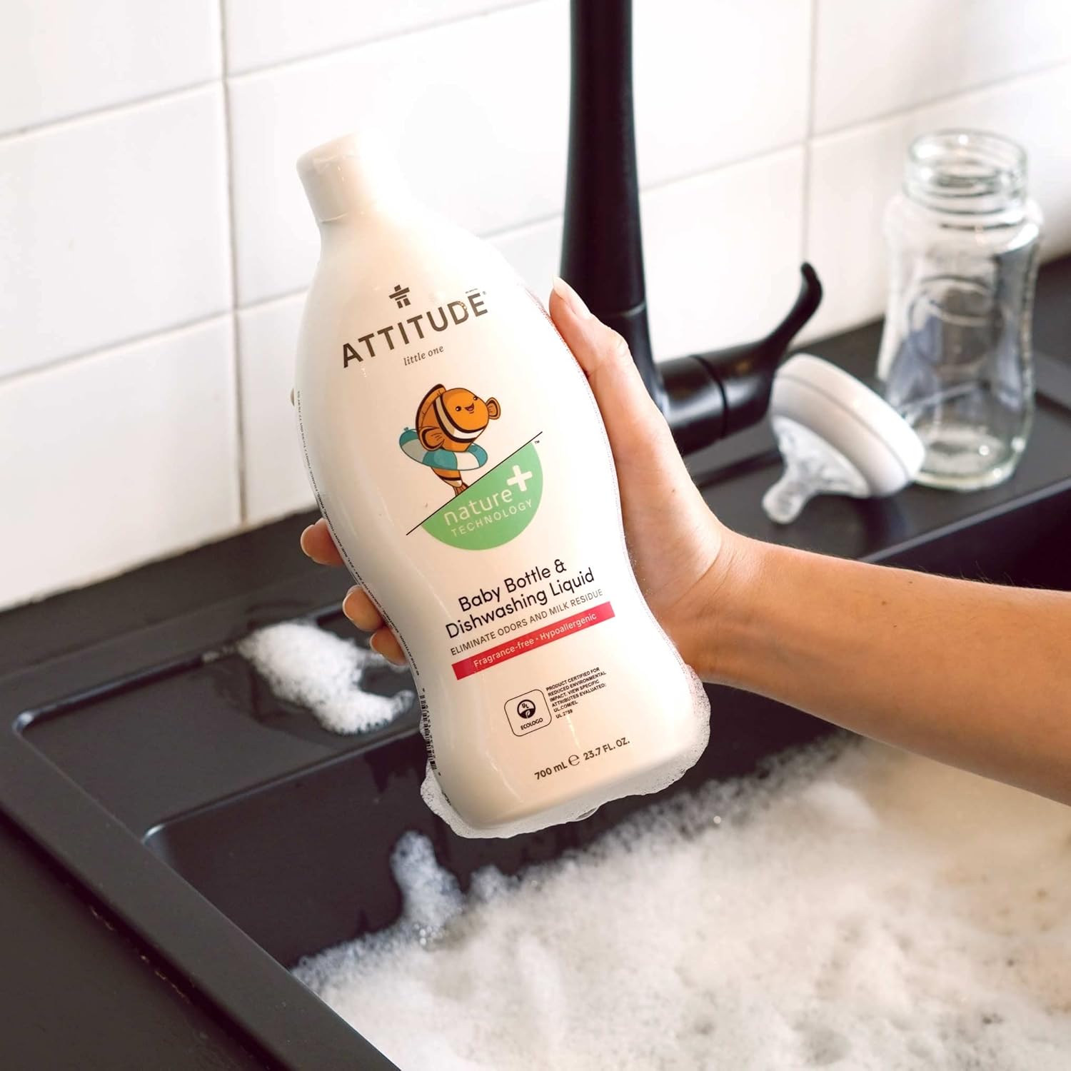 ATTITUDE Baby Dish Soap and Bottle Cleaner, EWG Verified Dishwashing Liquid, No Added Dyes or Fragrances, Tough on Milk Residue and Grease, Vegan, Unscented, 33.8 Fl Oz