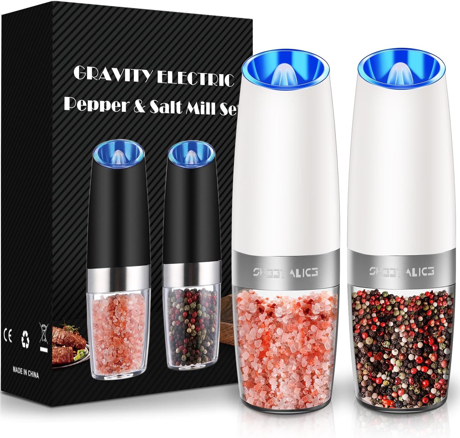 Sweet Alice Gravity Electric Pepper and Salt Grinder Set, Adjustable Coarseness, Battery Powered with LED Light, One Hand Automatic Operation, Stainless Steel Black, 2 Pack