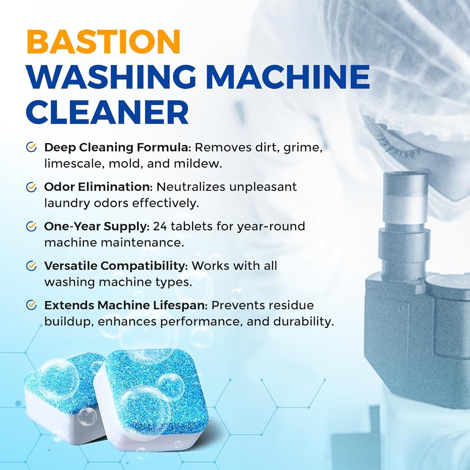 Washing Machine Cleaner Tablets 24 pack Powerful Descaler -Deep Cleaning for HE Front Loader & Top Load Washer Septic Safe Eco-Friendly Deodorizer Clean Drum & Laundry Tub Seal- Year's Supply