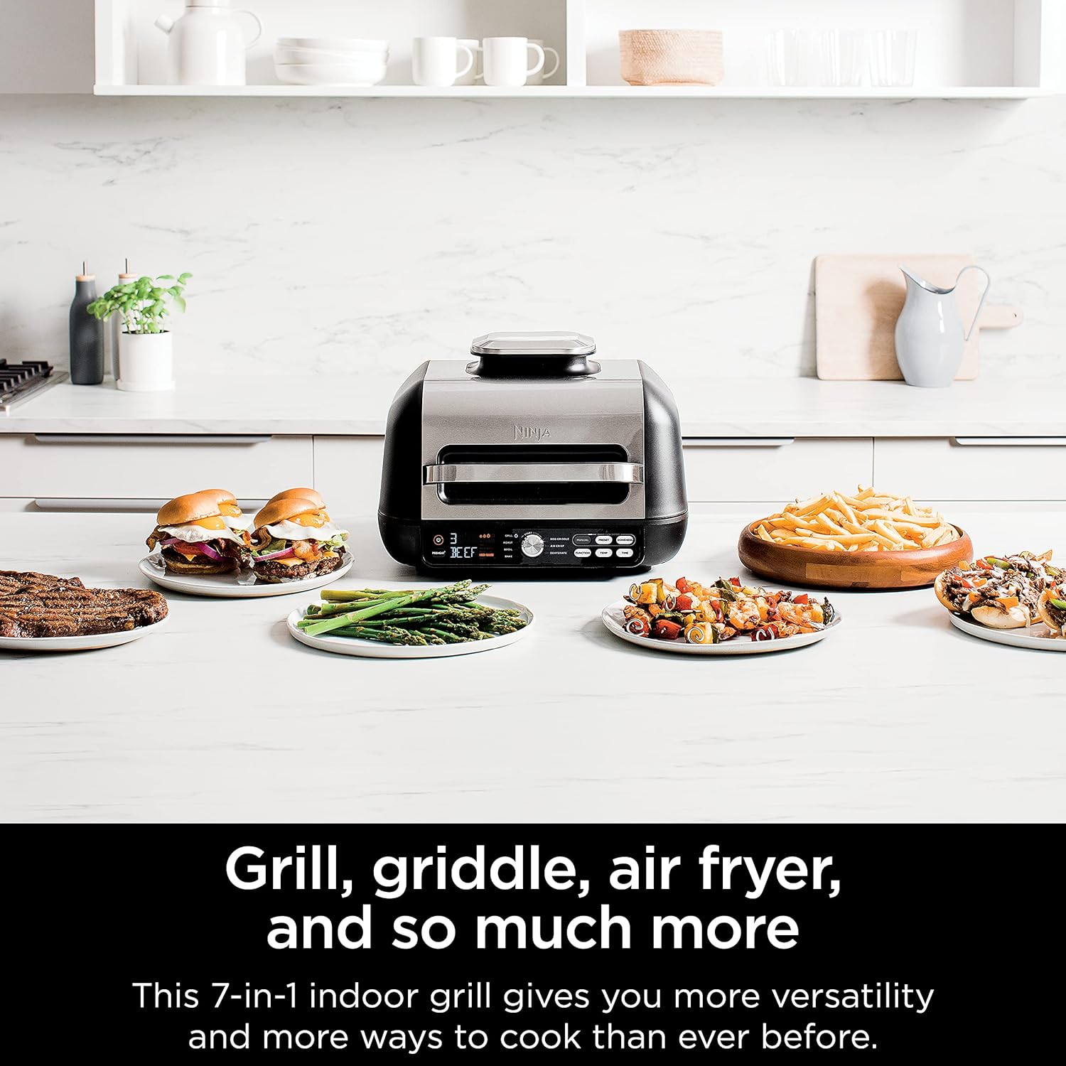 Ninja FG551 Foodi Smart XL 6-in-1 Indoor Grill with Air Fry, Roast, Bake, Broil & Dehydrate, Smart Thermometer, Black/Silver