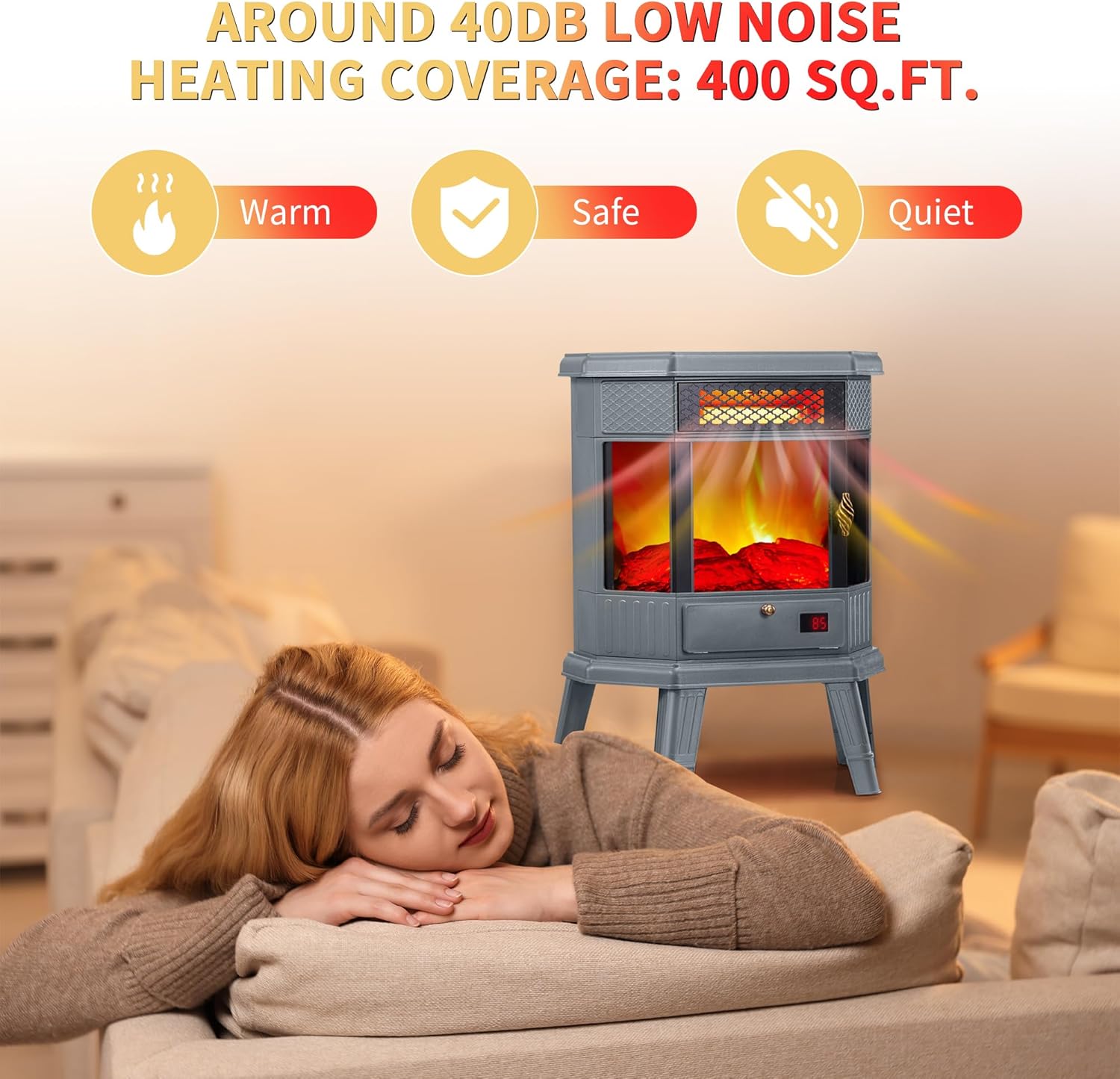 RealSmart Electric Fireplace Heater 22 in Freestanding Fireplace Stove Infrared Fireplace with 3D Flame Effect Remoted Control, Timer, Overheating Protection (Gray)