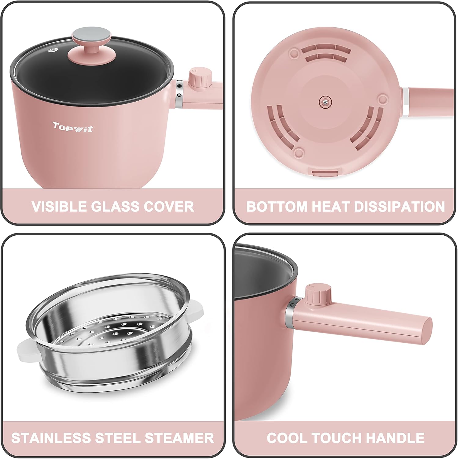 Topwit Hot Pot Electric, 1.5L Ramen Cooker, Portable Non-Stick Frying Pan, Electric Pot for Pasta, Steak, BPA Free, Electric Cooker with Dual Power Control, Over-Heating & Boil Dry Protection, Black