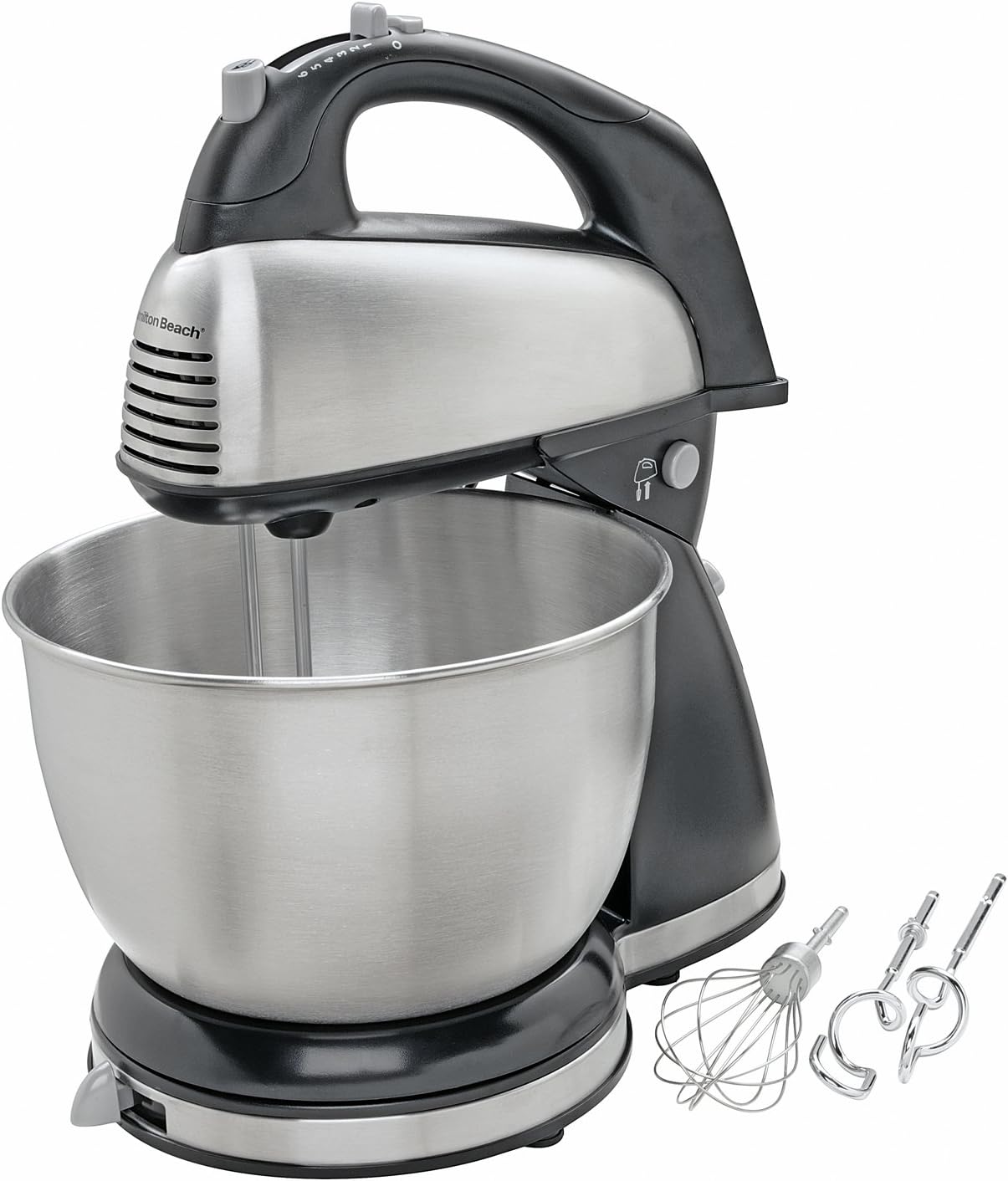 Hamilton Beach Classic Stand and Hand Mixer, 4 Quarts, 6 Speeds with QuickBurst, Bowl Rest, 290 Watts Peak Power, Black and Stainless