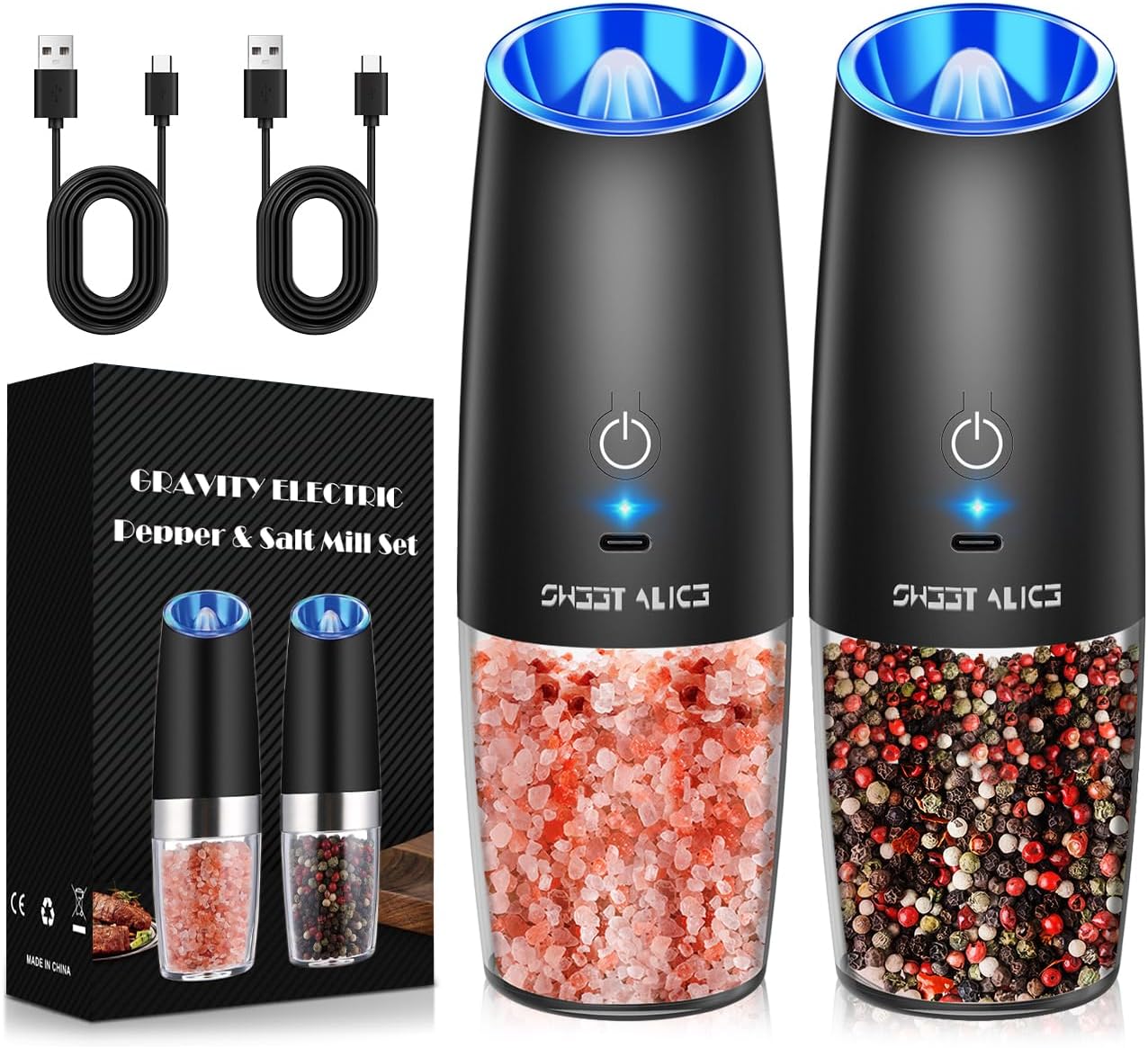 Sweet Alice Gravity Electric Pepper and Salt Grinder Set, Adjustable Coarseness, Battery Powered with LED Light, One Hand Automatic Operation, Stainless Steel Black, 2 Pack