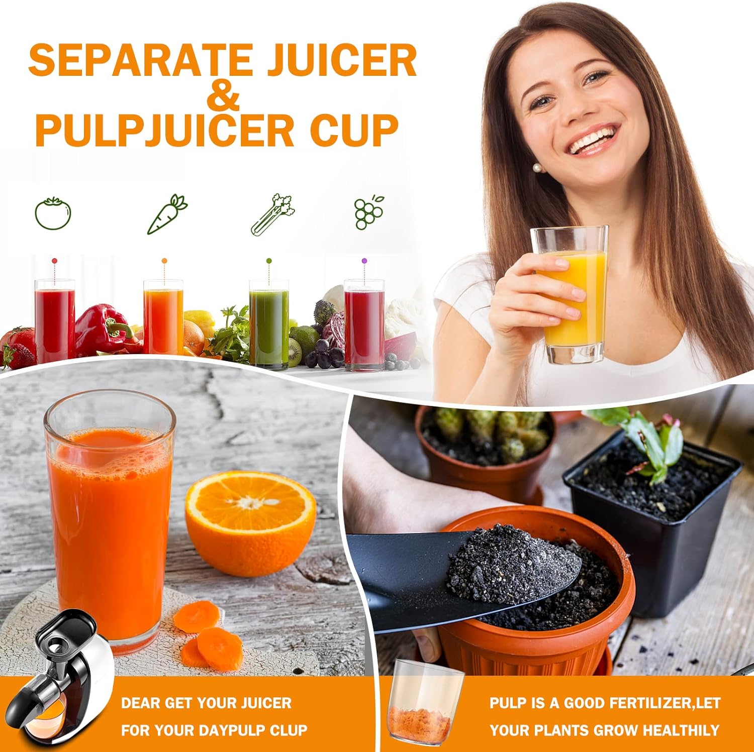 Masticating Juicer Machines, AMZCHEF Slow Cold Press Juicer with Reverse Function, High Juice Yield, Easy Clean with Brush,Recipes for High Nutrient Fruits and Vegetables, Gray(Updated)