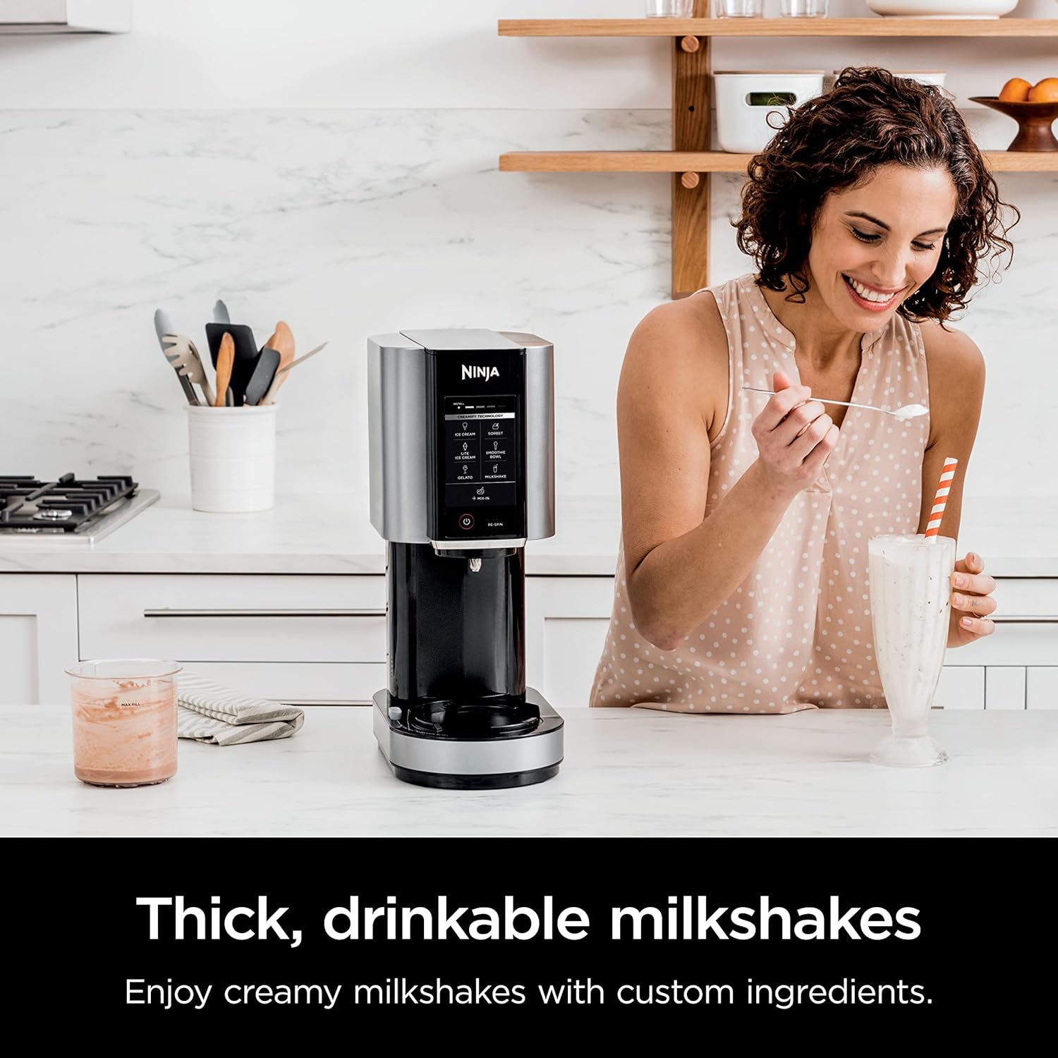Ninja CREAMi, Ice Cream Maker, Ice Cream, Gelato, Sorbet ,Milkshakes, Mix-ins, Smoothie Bowls & More, 7-in-1, Ice Cream Pints, Pint lid, Healthy Ice Cream, Compact, Perfect for Kids, Black, NC299AMZ