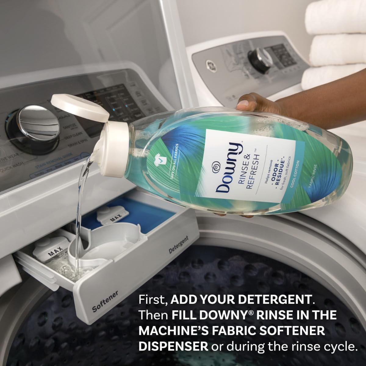 Downy Rinse & Refresh Laundry Odor Remover And Fabric Softener, Cool Cotton, 48 Fl Oz, HE Compatible Laundry Sanitizer, Safe On All Fabrics, Fabric Softener Liquid