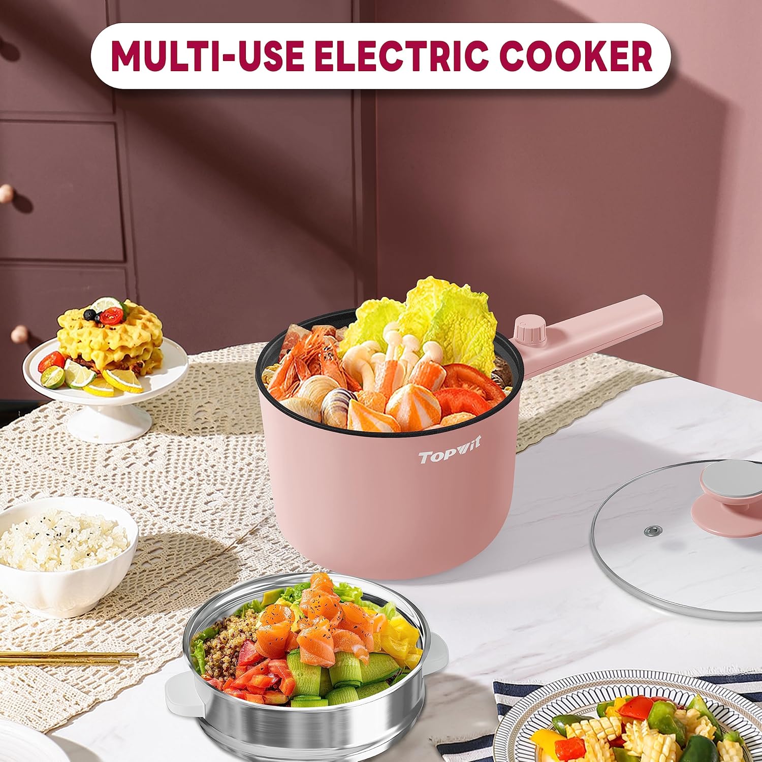 Topwit Hot Pot Electric, 1.5L Ramen Cooker, Portable Non-Stick Frying Pan, Electric Pot for Pasta, Steak, BPA Free, Electric Cooker with Dual Power Control, Over-Heating & Boil Dry Protection, Black