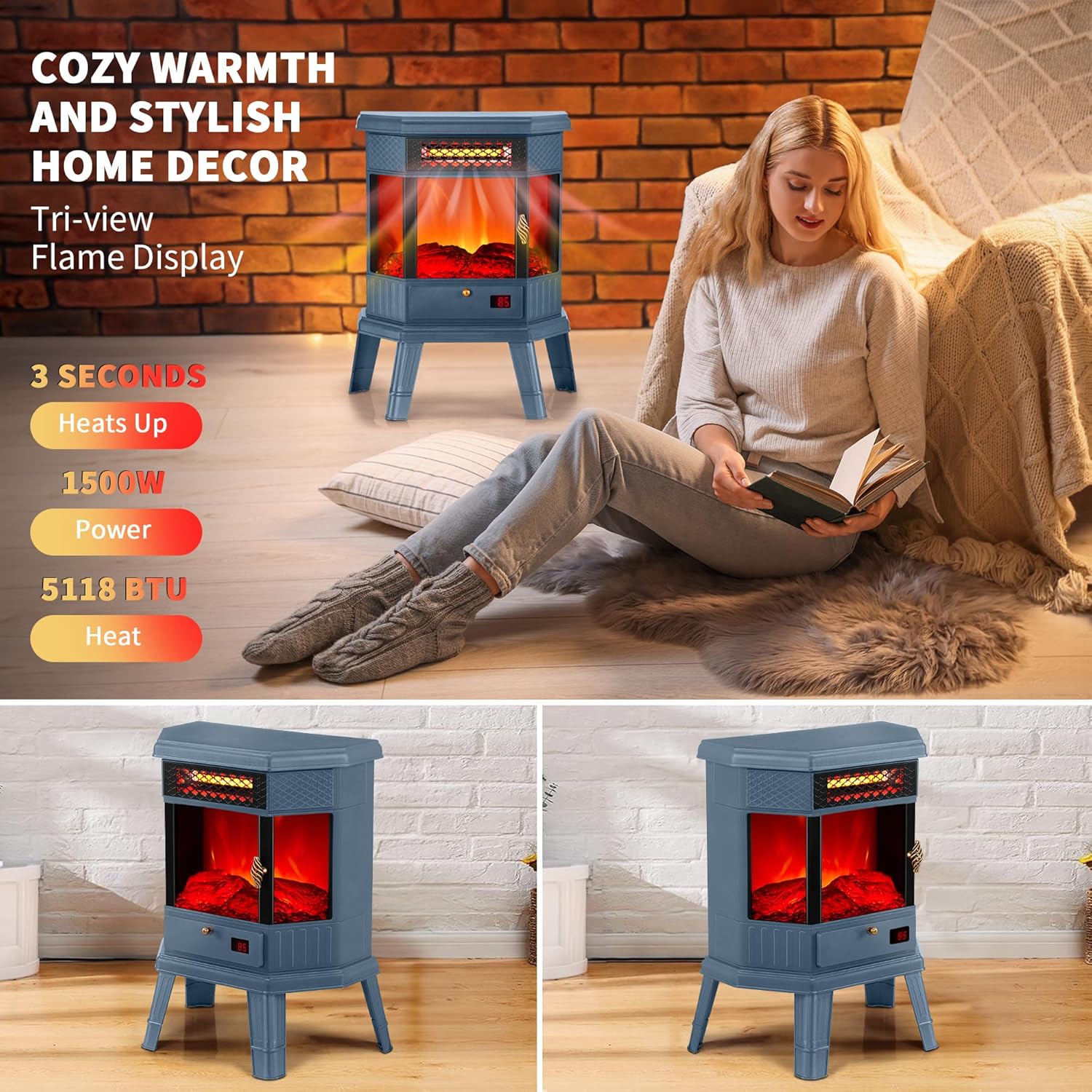 RealSmart Electric Fireplace Heater 22 in Freestanding Fireplace Stove Infrared Fireplace with 3D Flame Effect Remoted Control, Timer, Overheating Protection (Gray)