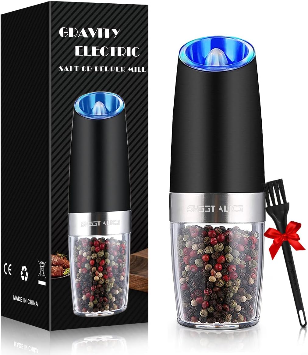 Sweet Alice Gravity Electric Pepper and Salt Grinder Set, Adjustable Coarseness, Battery Powered with LED Light, One Hand Automatic Operation, Stainless Steel Black, 2 Pack