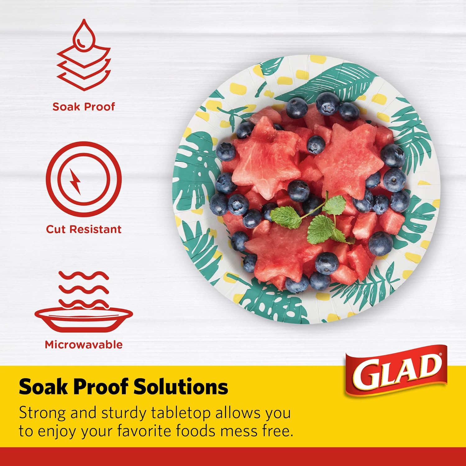Glad Disposable Soup Bowls for Hot Food - Heavy Duty, Cut Resistant, Microwaveable Paper Bowls with Tropical Palm Leaves Design - Ideal for Party, Chili, Fruit, Salad, Ice Cream - 16 Oz, 50 Count