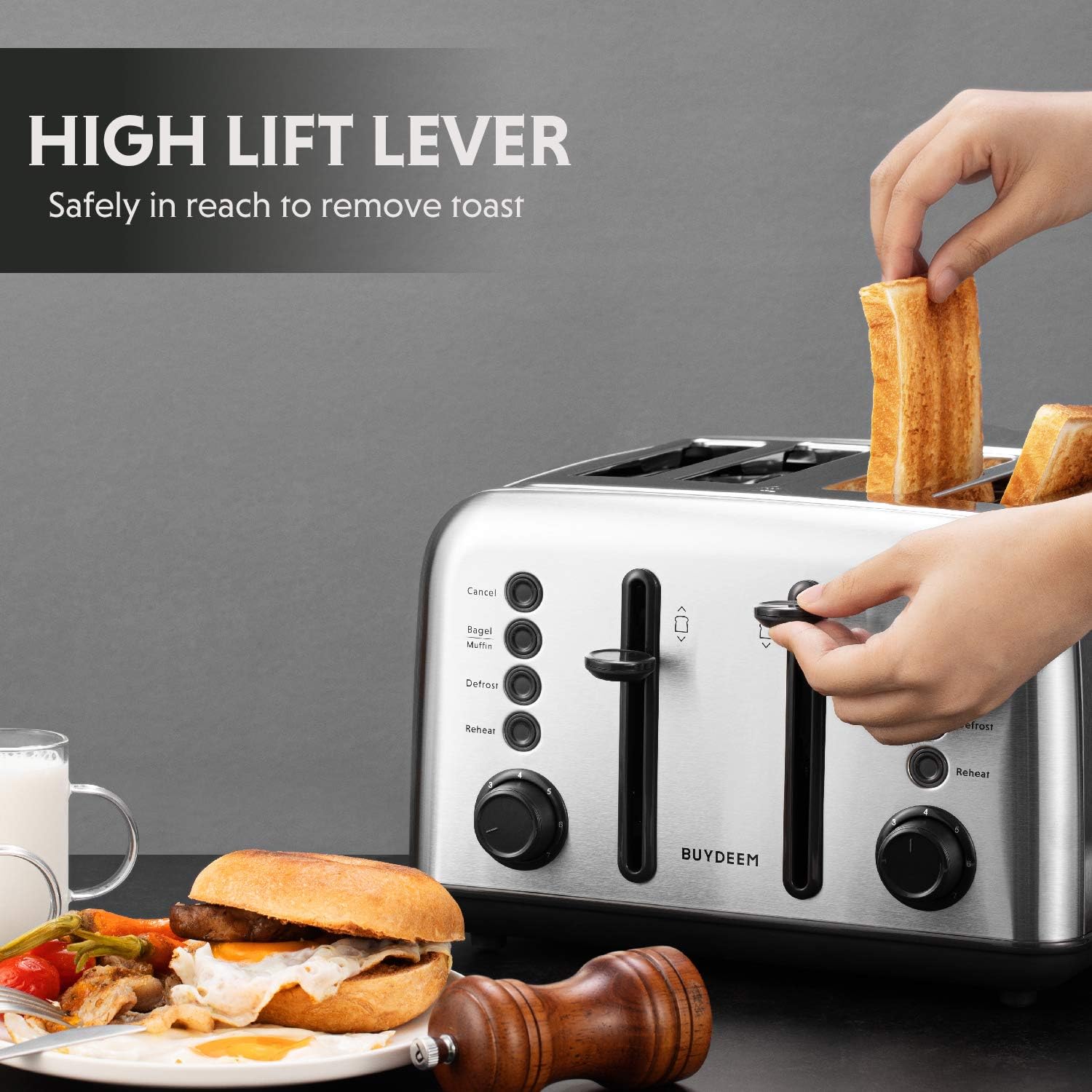 BUYDEEM DT620 2-Slice Toaster, Extra Wide Slots, Retro Stainless Steel with High Lift Lever, Bagel and Muffin Function, Removal Crumb Tray, 7-Shade Settings,Stainless Steel