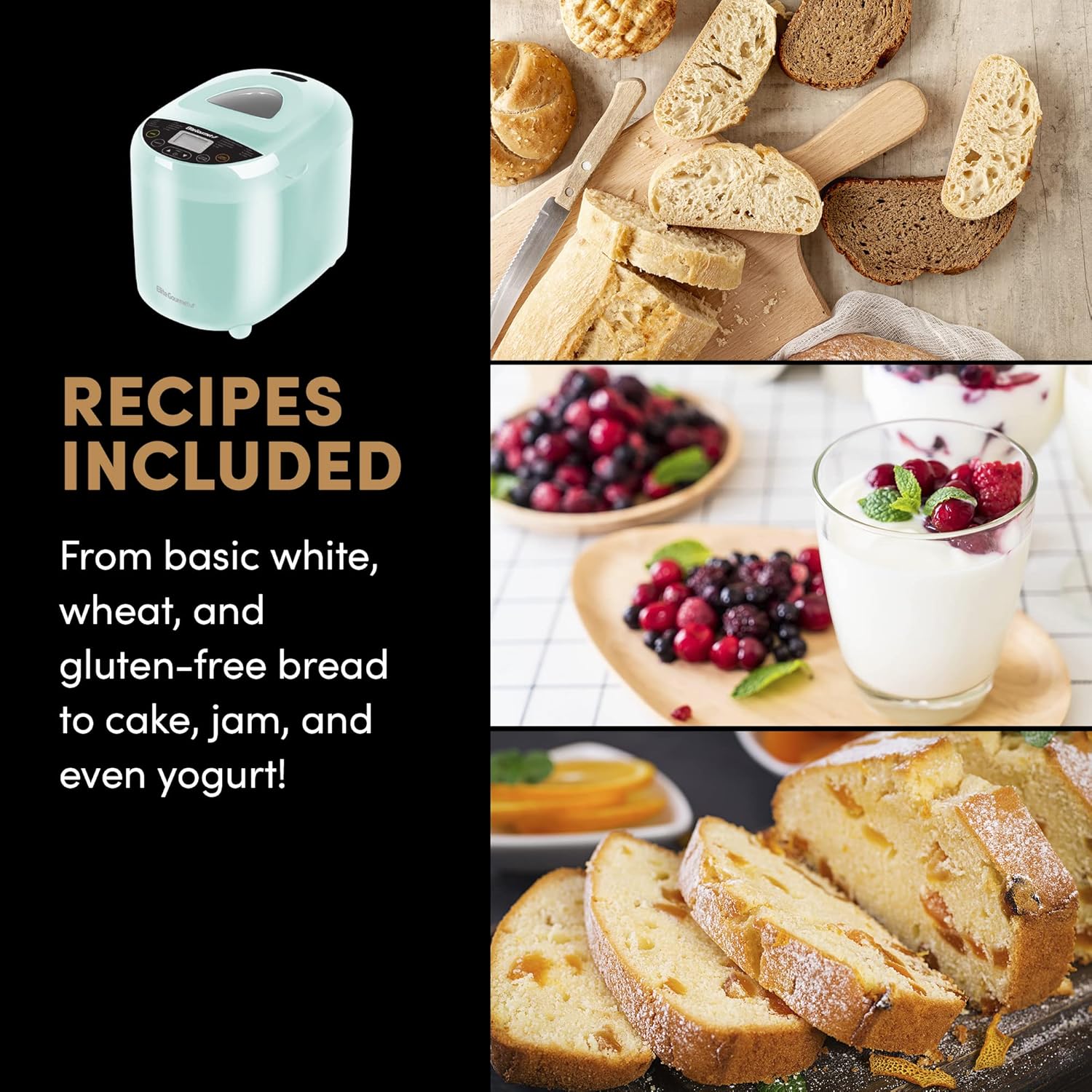Elite Gourmet EBM8103B Programmable Bread Maker Machine 3 Loaf Sizes, 19 Menu Functions Gluten Free White Wheat Rye French and more, 2 Lbs, Black