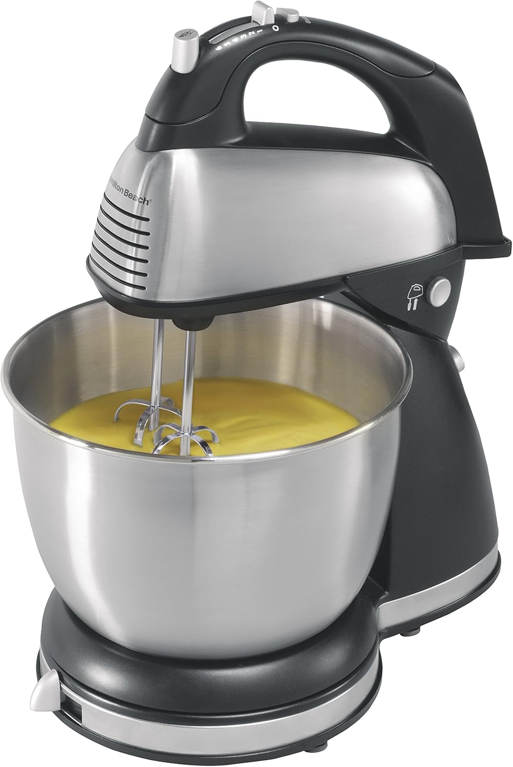 Hamilton Beach Classic Stand and Hand Mixer, 4 Quarts, 6 Speeds with QuickBurst, Bowl Rest, 290 Watts Peak Power, Black and Stainless
