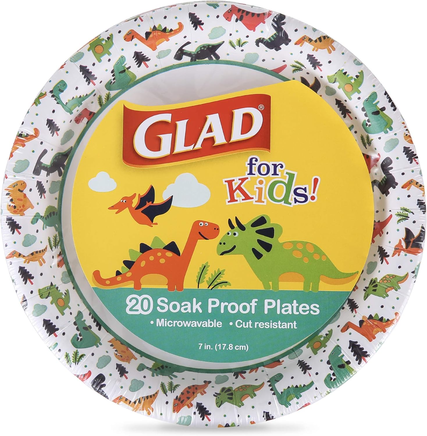 Glad for Kids Dinosaur Design Disposable Paper Plates, 7-Inch, Soak Proof & Microwavable Kid Paper Plates - Perfect for Kids Birthday Parties, Dinosaur Party Supplies - 20 Count Party Plates