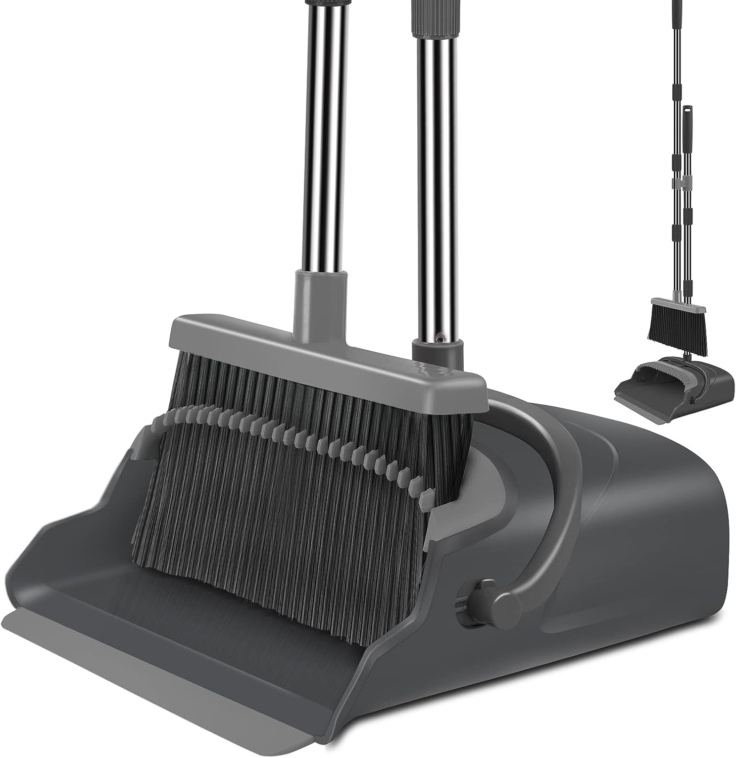 kelamayi Upgrade Stand Up Broom and Dustpan Set, Self-Cleaning with Dustpan Teeth, Ideal for Dog Cat Pets Home Use, Super Long Handle (Gray&Orange)