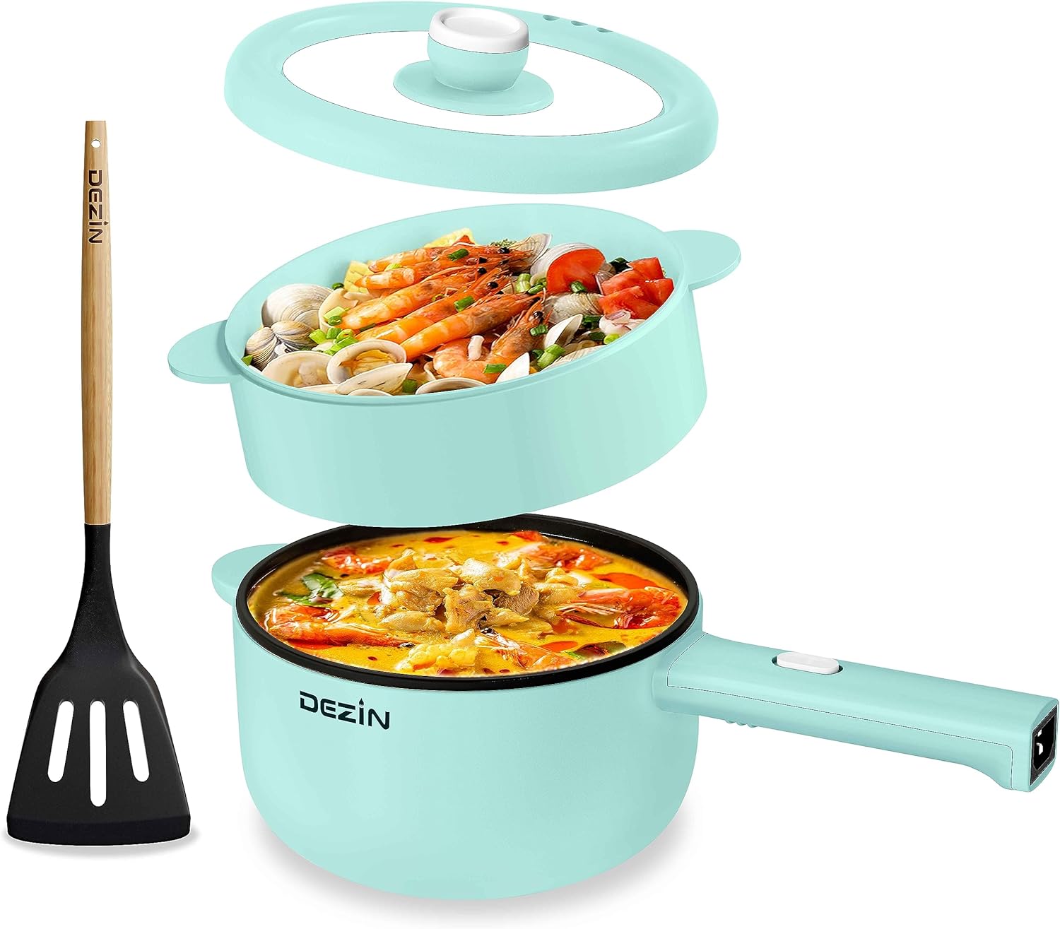 Dezin Electric Cooker, 2L Non-Stick Sauté Pan, Rapid Noodles Cooker, Mini Pot for Ramen with Power Adjustment, Dorm Room Essential (Egg Rack Included)