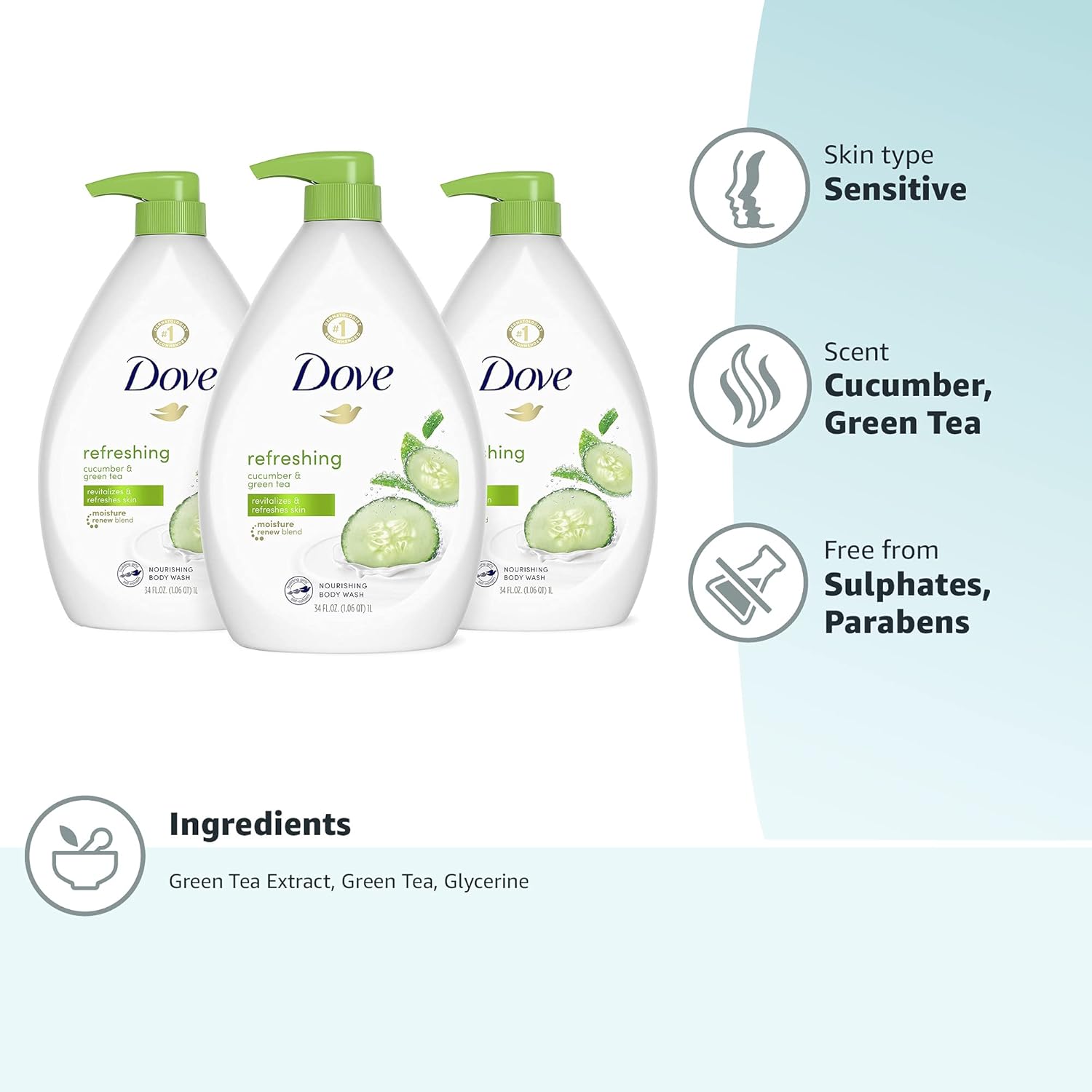 Dove Body Wash with Pump Refreshing Cucumber and Green Tea 3 Count Refreshes Skin Cleanser That Effectively Washes Away Bacteria While Nourishing Your Skin 30.6 oz