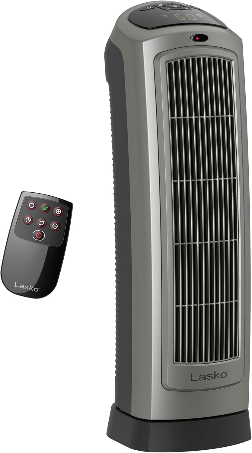 Lasko Oscillating Digital Ceramic Tower Heater for Home with Adjustable Thermostat, Timer and Remote Control, 23 Inches, 1500W, Silver, 755320, 8.5″L x 7.25″W x 23″H, Silver