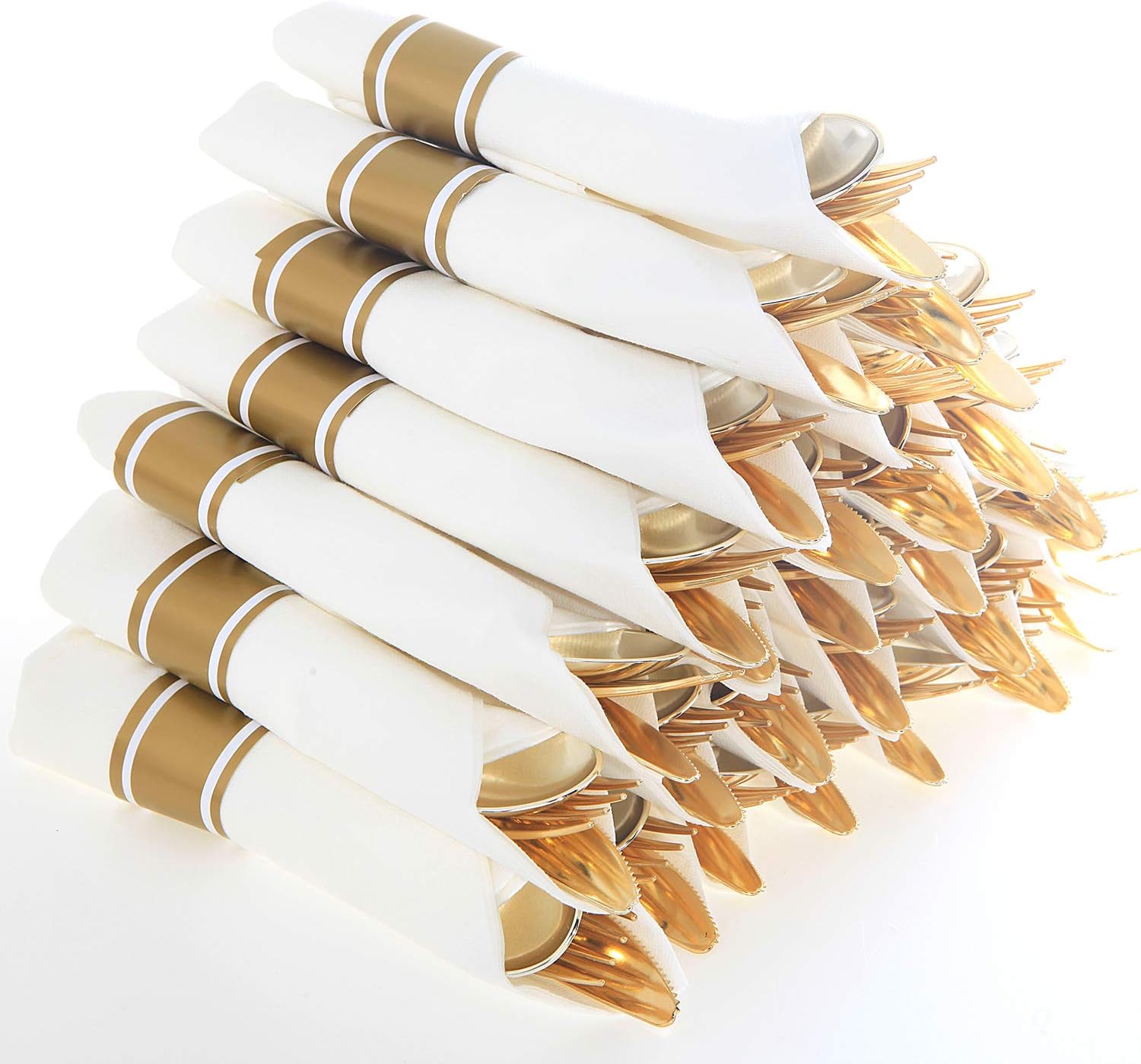 Supernal 60 Pack Pre Rolled Napkins with Gold Plastic Silverware, Premium Disposable Gold Wrapped Cutlery Set Includes: 60 Forks 60 Knives 60 Spoons 60 Napkin for Party