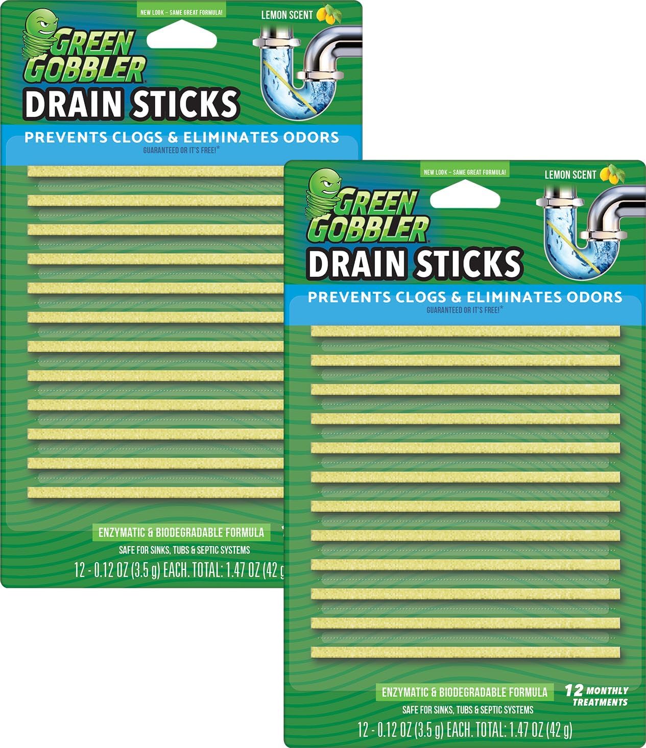 Green Gobbler Drain Cleaner & Deodorizer FRESH SCENT Sticks for Toilet Tanks, Sinks, Bathtub Drains, Washing Machine Drains and Garbage Disposals - 24 Pieces