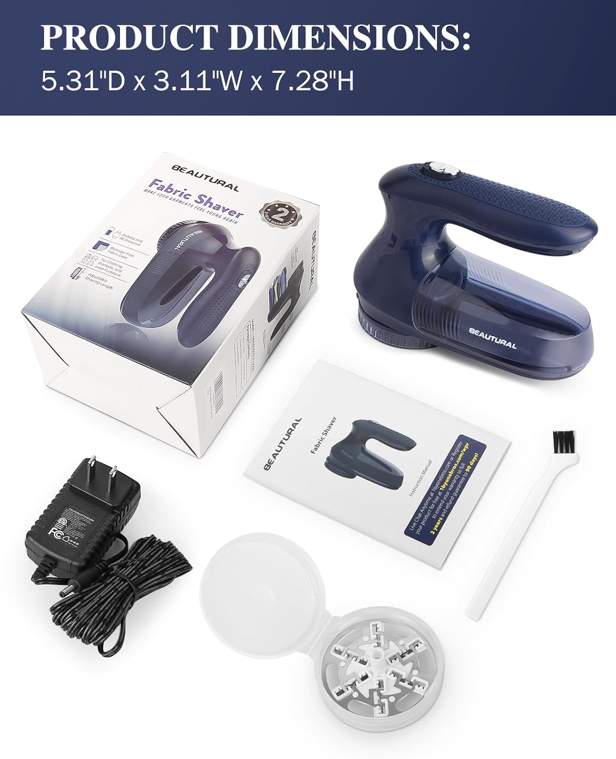 BEAUTURAL Fabric Shaver and Lint Remover, Sweater Defuzzer with 2-Speeds, 2 Replaceable Stainless Steel Blades, Battery Operated, Remove Clothes Fuzz, Lint Balls, Pills, Bobbles