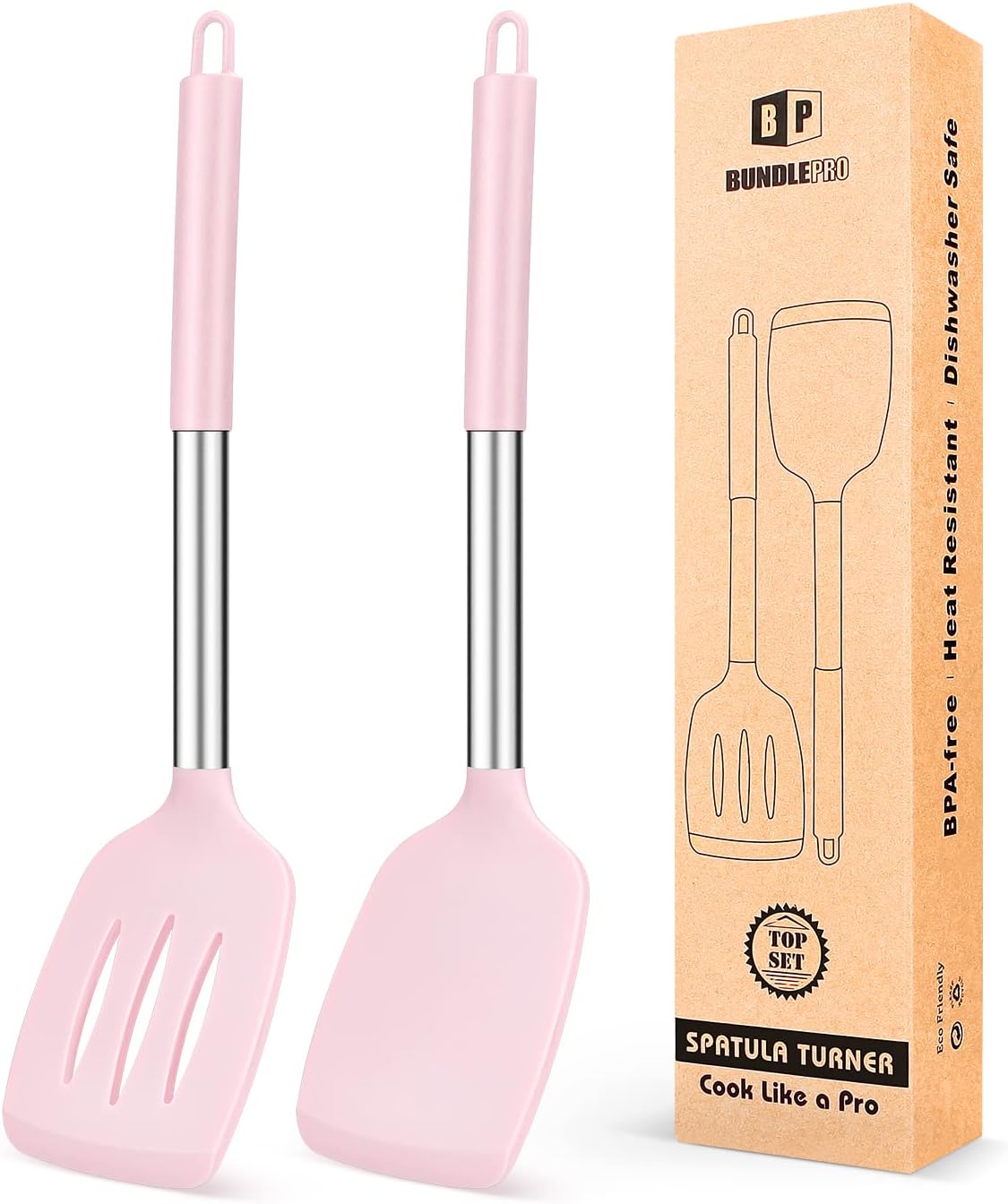 Pack of 2 Silicone Solid Turner,Non Stick Slotted Kitchen Spatulas,High Heat Resistant BPA Free Cooking Utensils,Ideal Cookware for Fish,Eggs,Pancakes (Black)