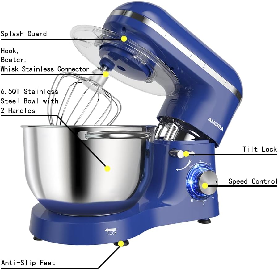 Aucma Stand Mixer,6.5-QT 660W 6-Speed Tilt-Head Food Mixer, Kitchen Electric Mixer with Dough Hook, Wire Whip & Beater (6.5QT, Black)
