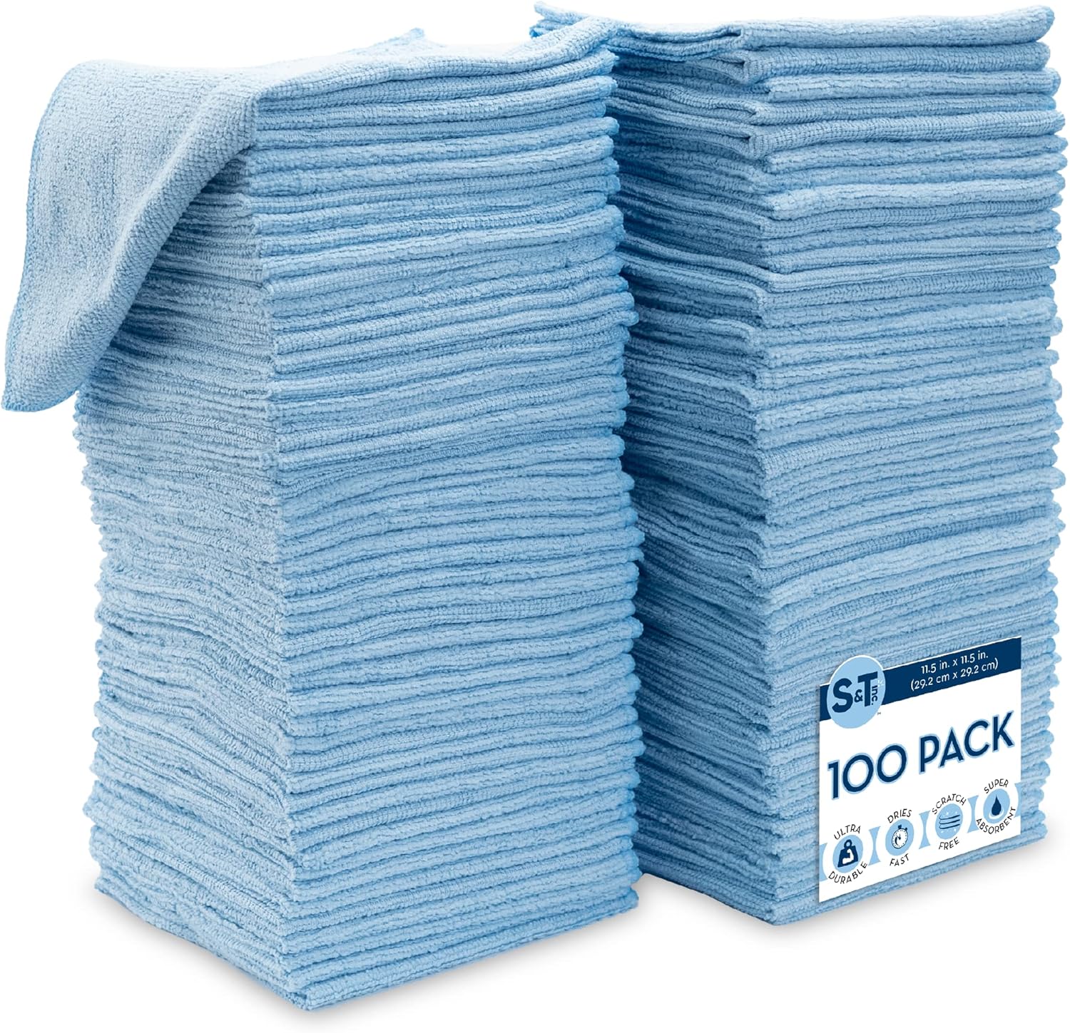 S&T INC. 150 Pack Microfiber Cleaning Cloth, Bulk Microfiber Towel for Home, Reusable Microfiber Towels for Cars, Light Blue, 11.5 in. x 11.5 in., 150 Count