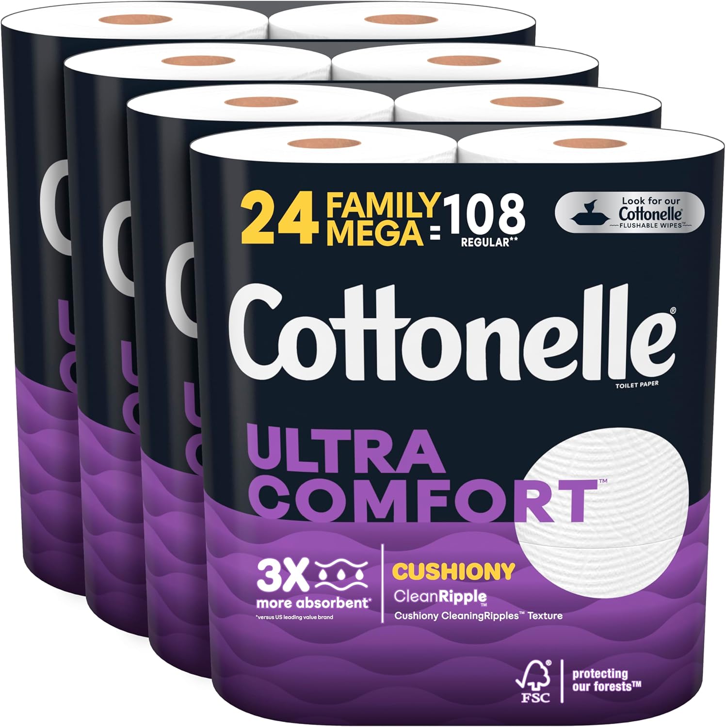 Cottonelle Ultra Comfort Toilet Paper with Cushiony CleaningRipples Texture, 24 Family Mega Rolls (24 Family Mega Rolls = 108 Regular Rolls) (4 Packs of 6), 296 Sheets per Roll, Packaging May Vary
