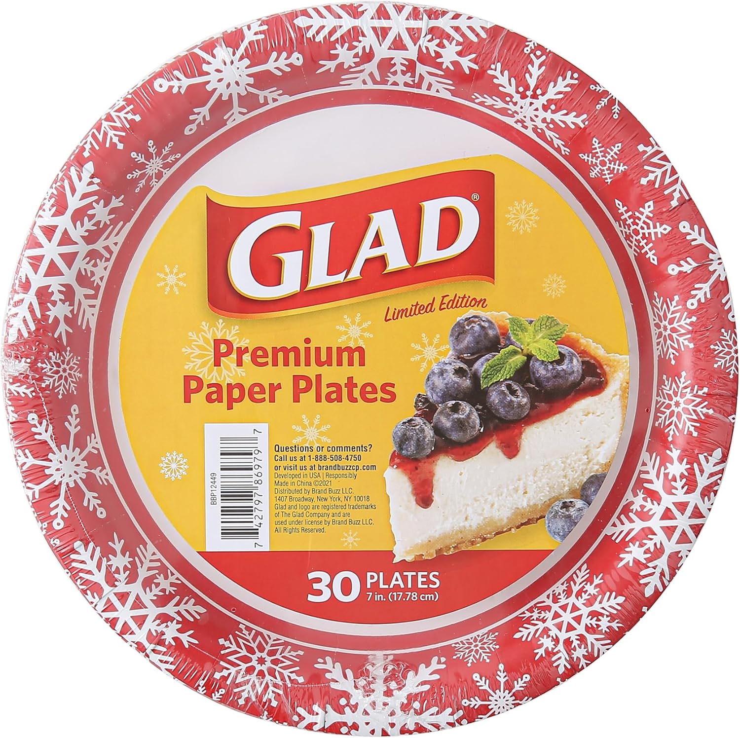 Glad Disposable Holiday Paper Plates, 10 Inch, 20 Count - Red Snowflake Design, Heavy Duty and Microwavable