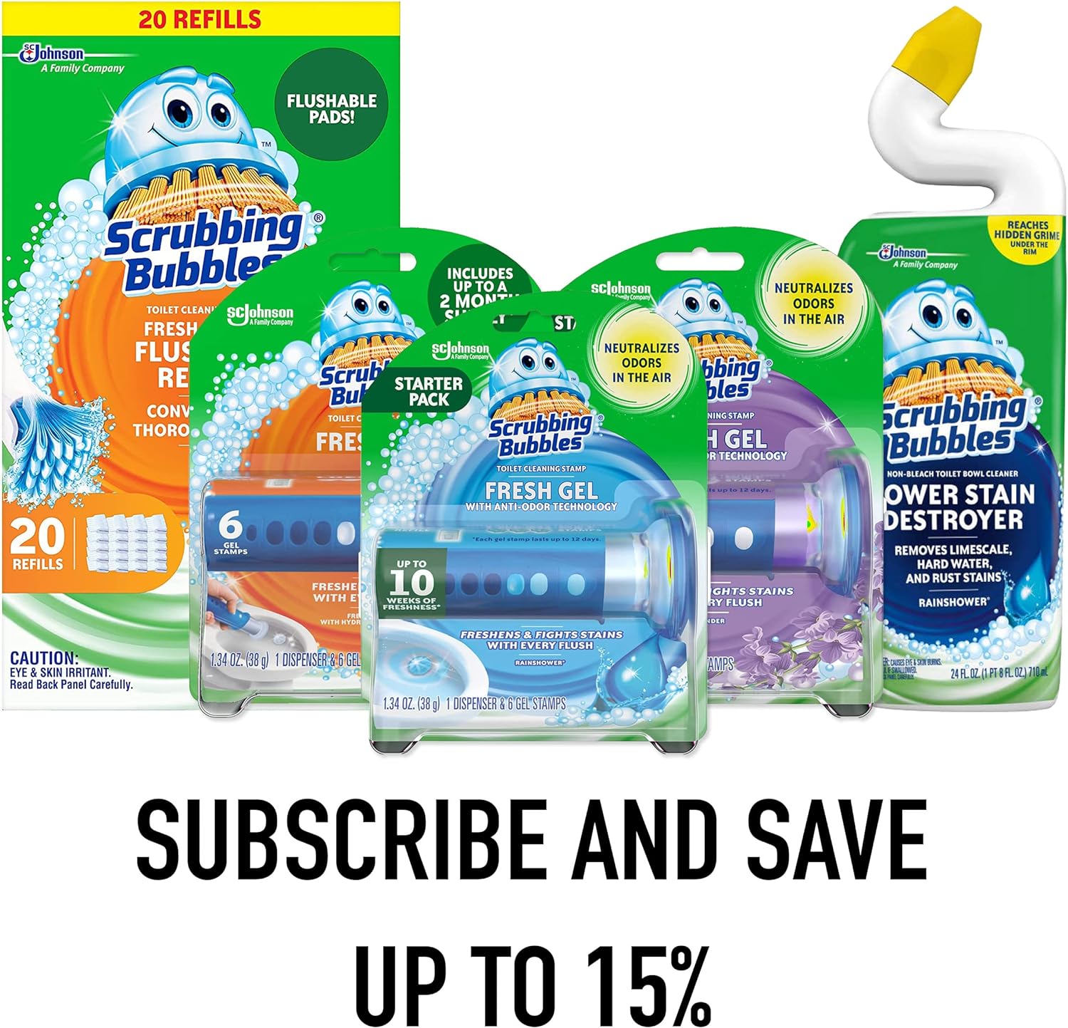 Scrubbing Bubbles Toilet Gel Stamps, Fresh Gel Toilet Cleaning Stamps, Helps Keep Toilet Clean and Helps Prevent Limescale & Toilet Rings, Rainshower Scent, 1 Dispenser with 6 Stamps