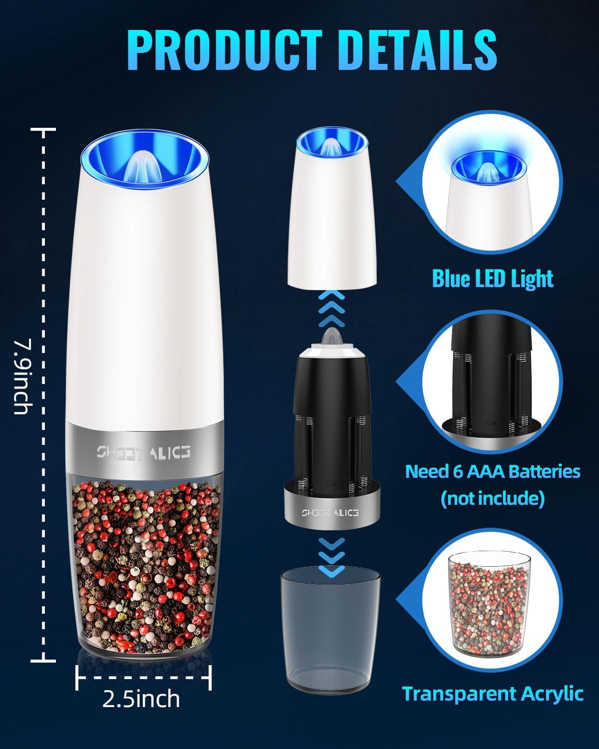 Sweet Alice Gravity Electric Pepper and Salt Grinder Set, Adjustable Coarseness, Battery Powered with LED Light, One Hand Automatic Operation, Stainless Steel Black, 2 Pack